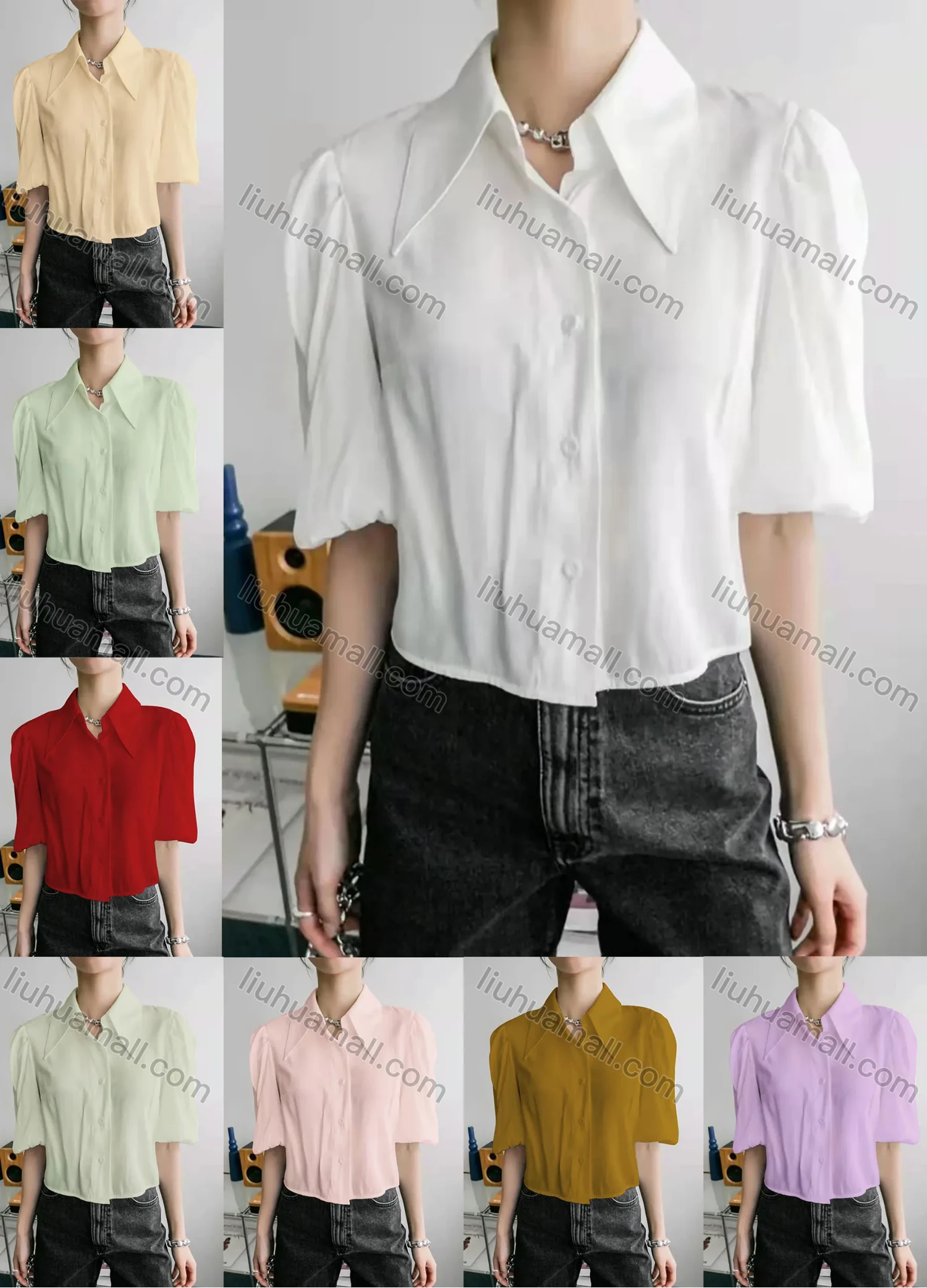 Wholesale Women's Elegant Collared Bishop Sleeve Button Down Plain Blouse AY133# - Liuhuamall