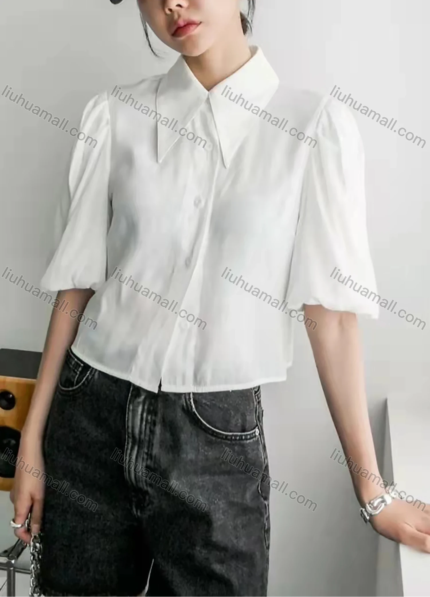 Wholesale Women's Elegant Collared Bishop Sleeve Button Down Plain Blouse AY133# - Liuhuamall