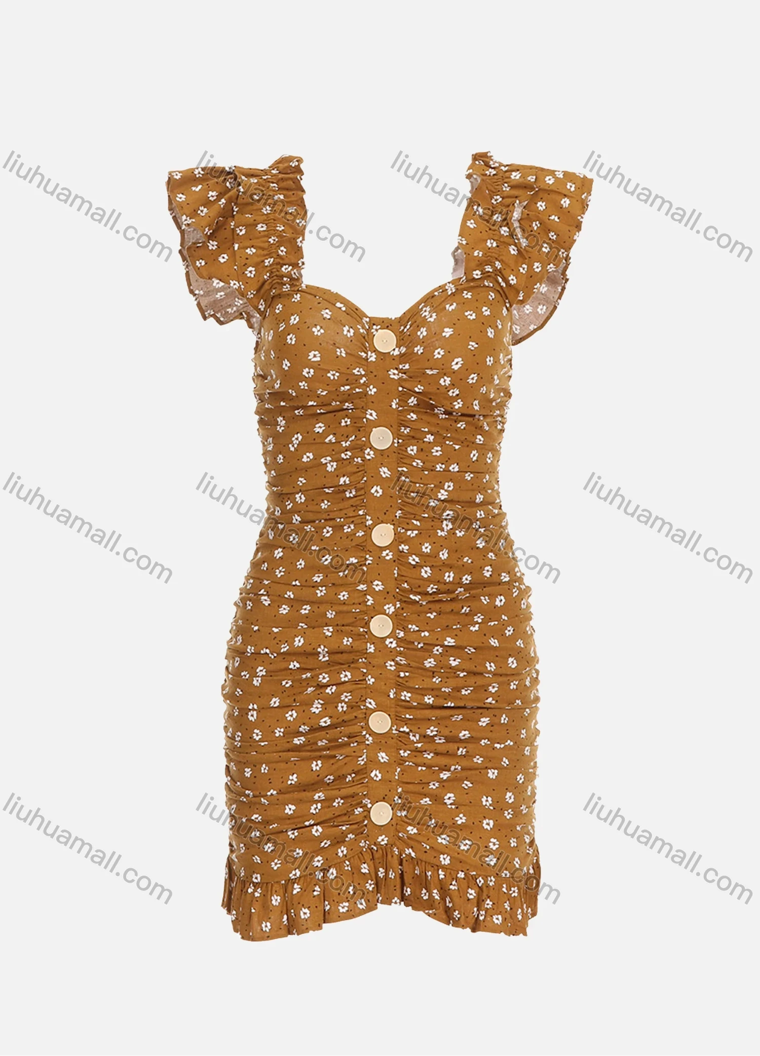 Wholesale Women's Casual Ruffle Sleeve Ruched Floral Print Button Bodycon Short Dress - Liuhuamall