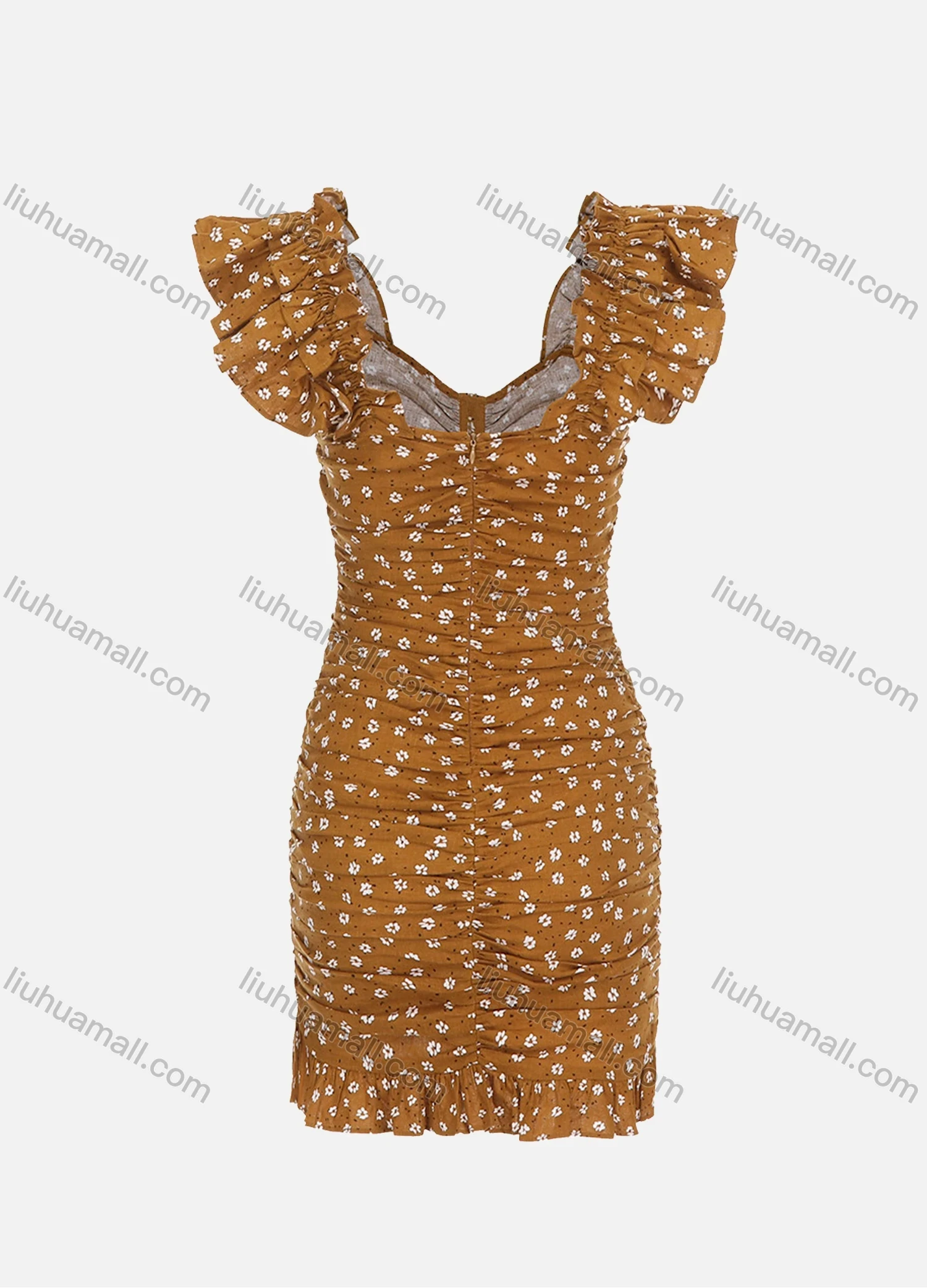 Wholesale Women's Casual Ruffle Sleeve Ruched Floral Print Button Bodycon Short Dress - Liuhuamall