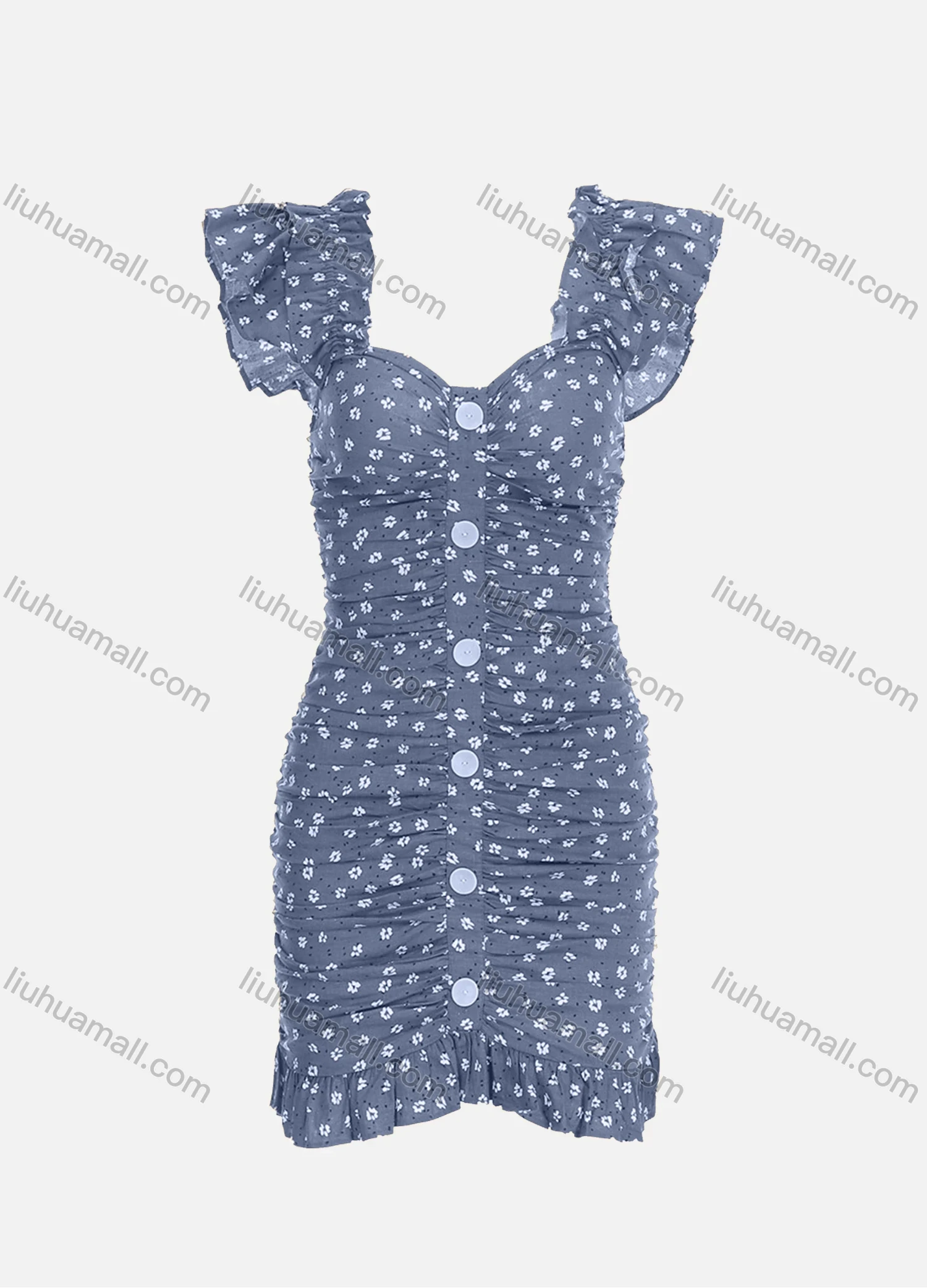 Wholesale Women's Casual Ruffle Sleeve Ruched Floral Print Button Bodycon Short Dress - Liuhuamall