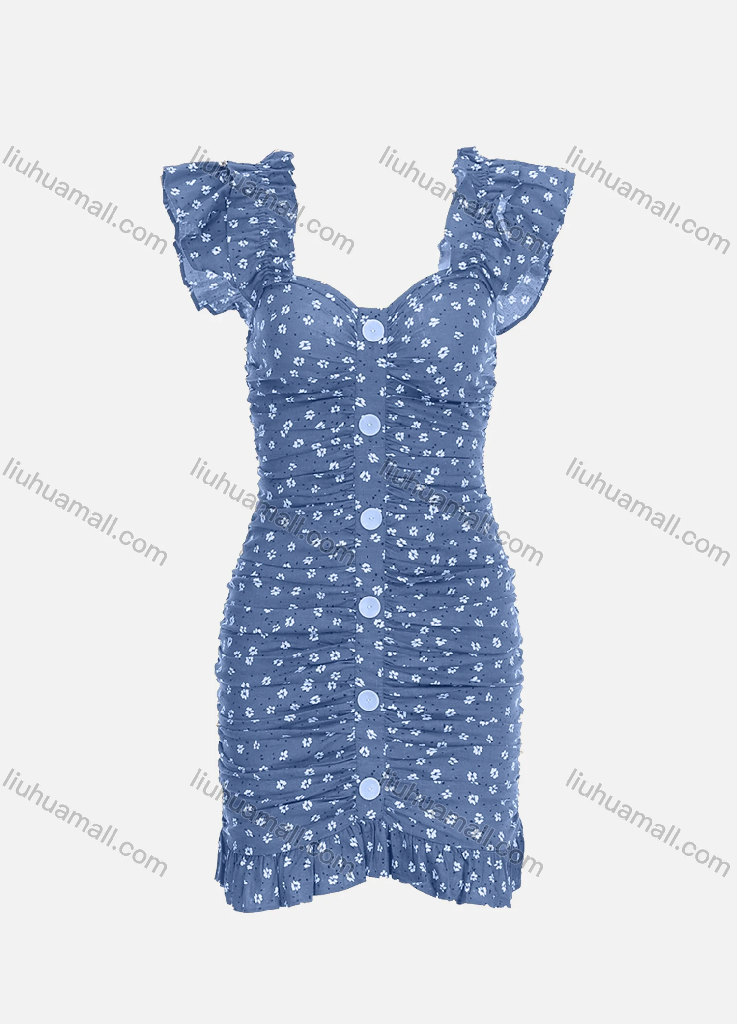 Wholesale Women's Casual Ruffle Sleeve Ruched Floral Print Button Bodycon Short Dress - Liuhuamall