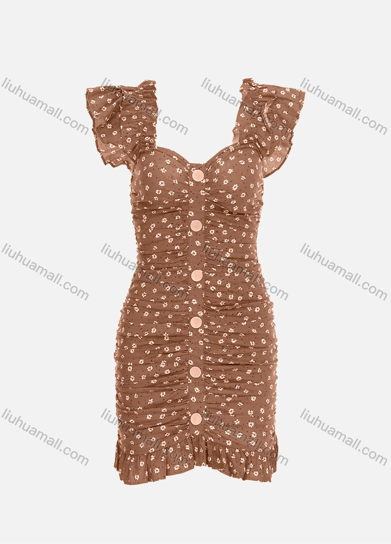 Wholesale Women's Casual Ruffle Sleeve Ruched Floral Print Button Bodycon Short Dress - Liuhuamall