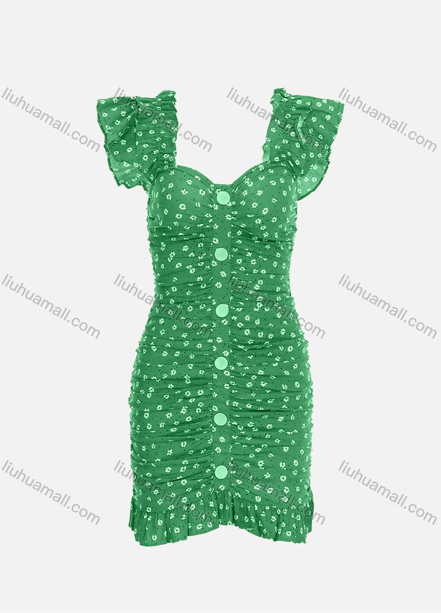 Wholesale Women's Casual Ruffle Sleeve Ruched Floral Print Button Bodycon Short Dress - Liuhuamall