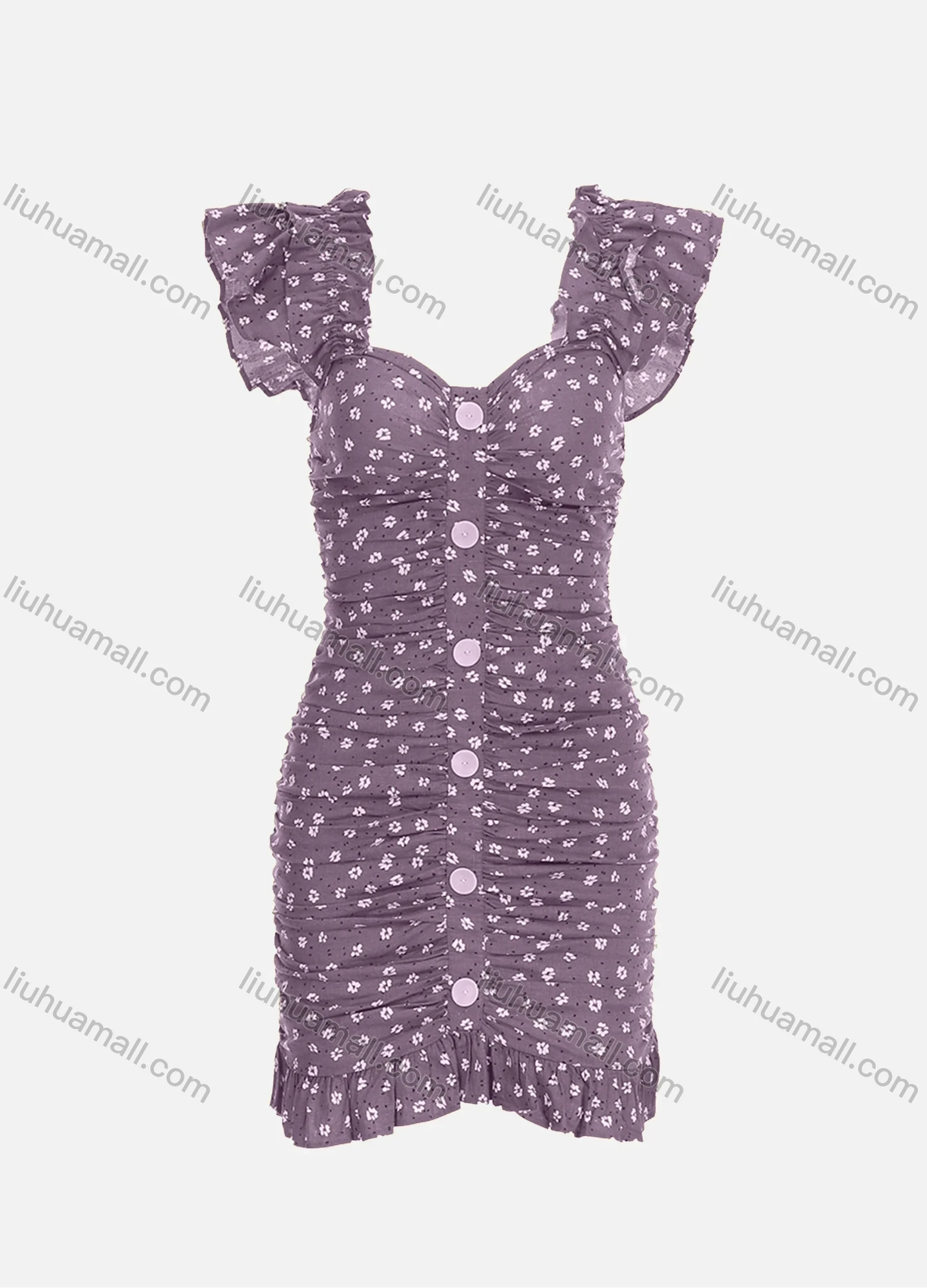 Wholesale Women's Casual Ruffle Sleeve Ruched Floral Print Button Bodycon Short Dress - Liuhuamall