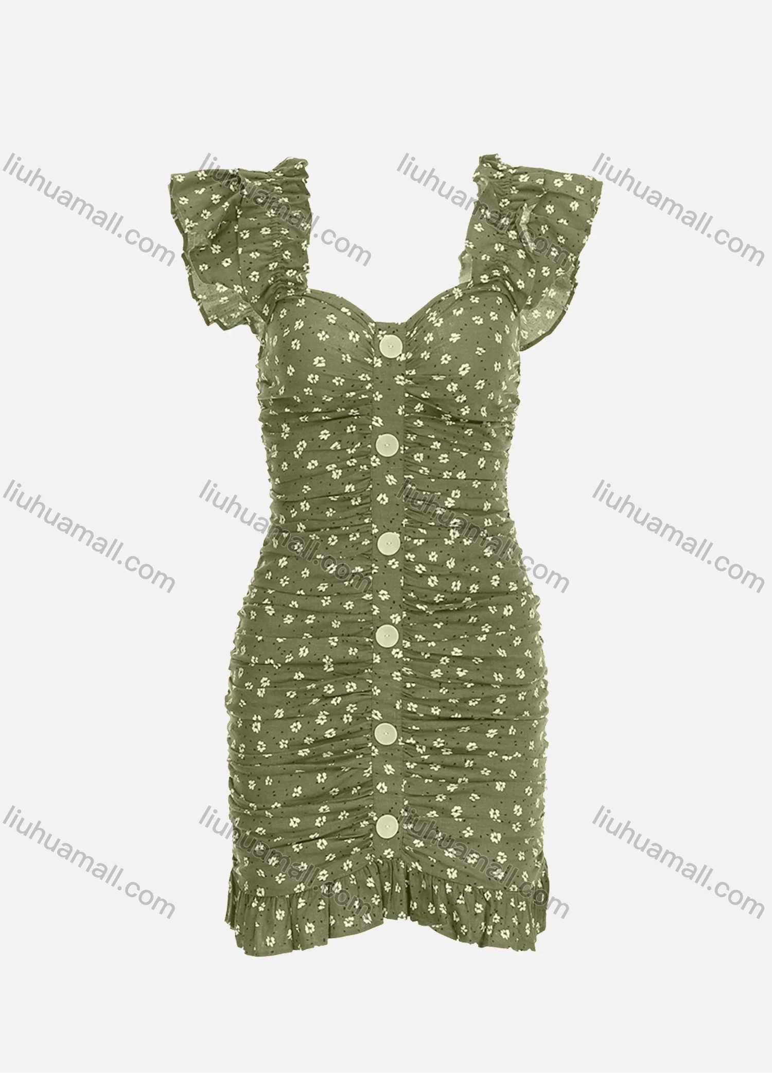 Wholesale Women's Casual Ruffle Sleeve Ruched Floral Print Button Bodycon Short Dress - Liuhuamall