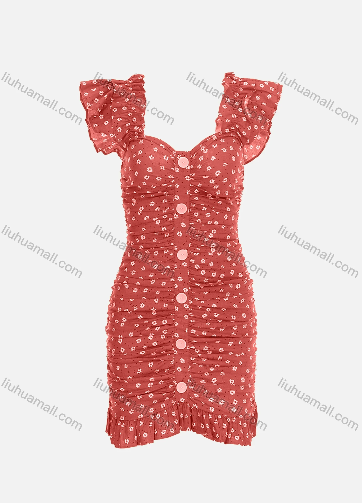 Wholesale Women's Casual Ruffle Sleeve Ruched Floral Print Button Bodycon Short Dress - Liuhuamall