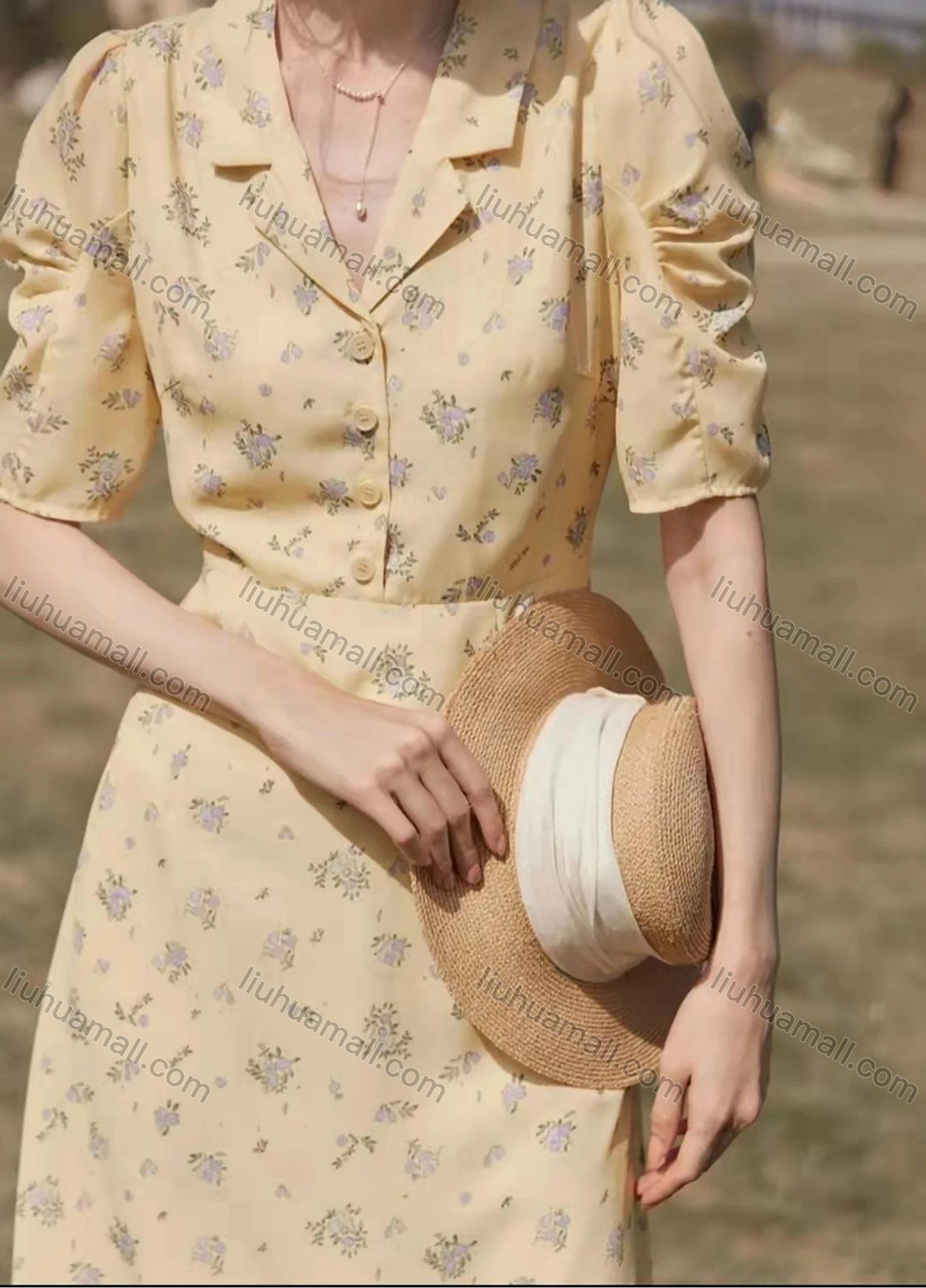 Wholesale Women's Lapel Puff Sleeve Floral Buttons Lace Up Back Short Shirt Dress AY135# - Liuhuamall