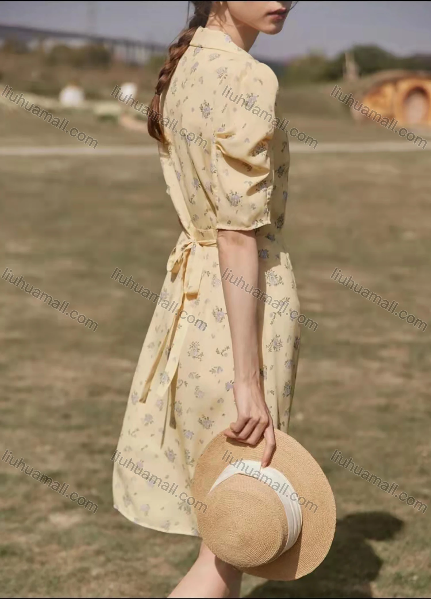 Wholesale Women's Lapel Puff Sleeve Floral Buttons Lace Up Back Short Shirt Dress AY135# - Liuhuamall