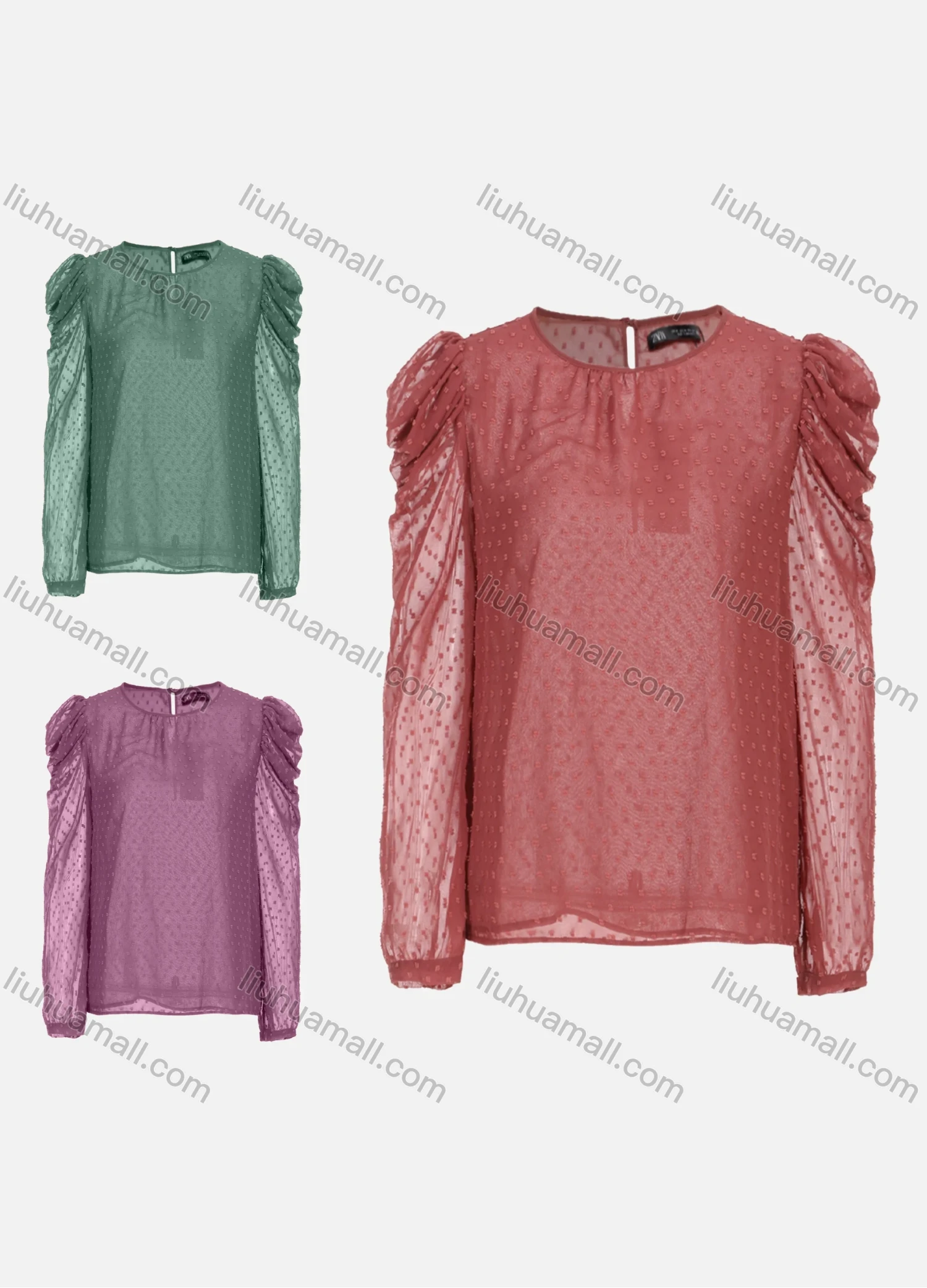 Wholesale Women's Casual Round Neck Cowl Sleeve Sheer Mesh Swiss Dot Tops 248695# - Liuhuamall