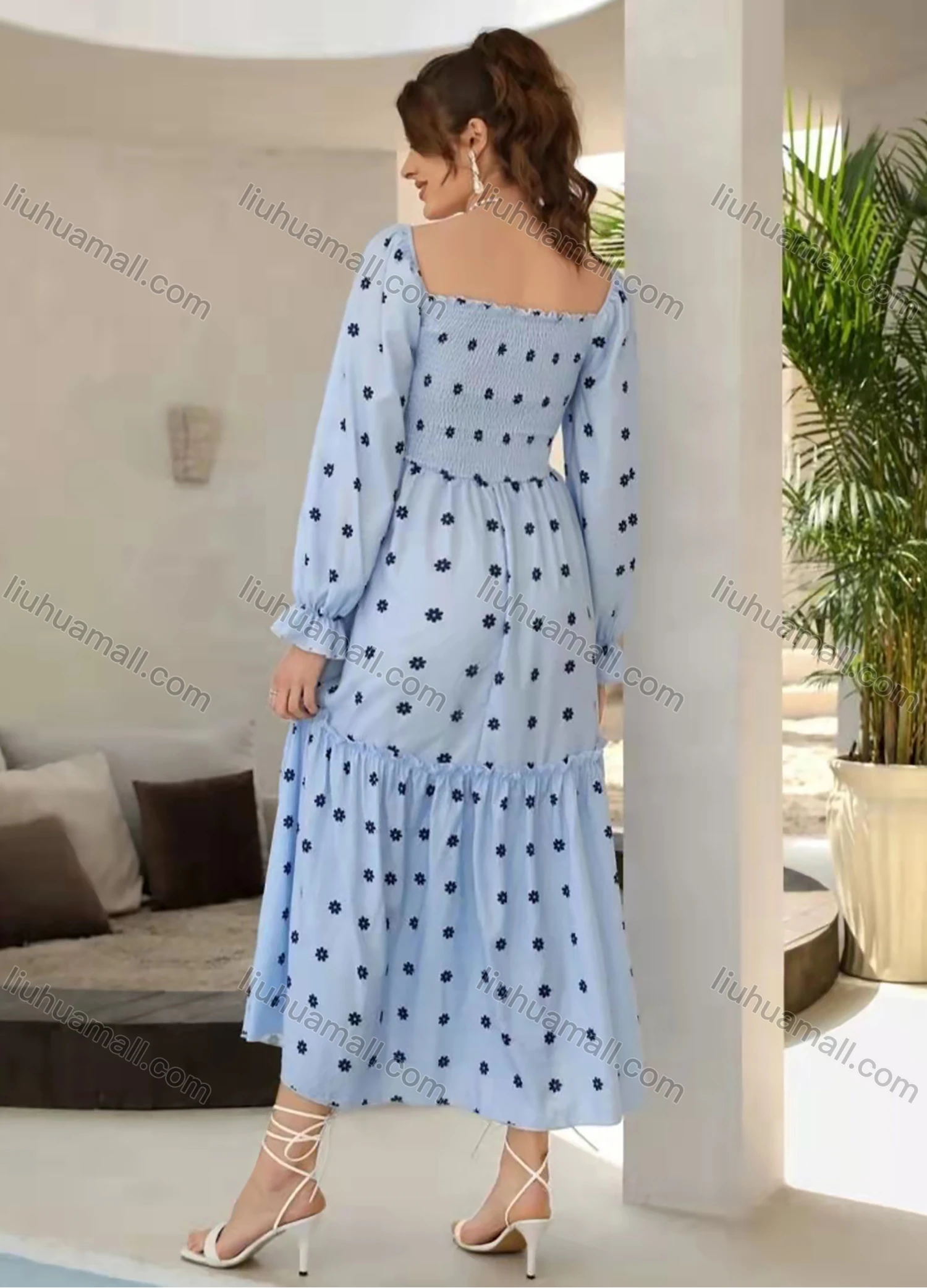 Wholesale Women's Square Neck Poet Sleeve Floral Print Ruffle Trim Shirred Open Back Maxi Dress AY136# - Liuhuamall