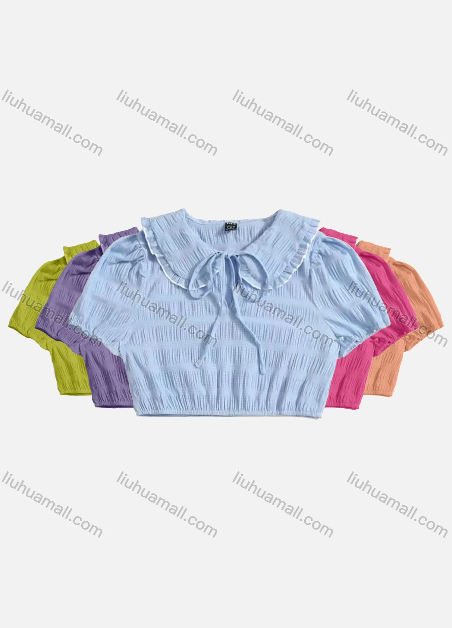 Wholesale Women's Peter Pan Collar Ruffle Trim Puff Sleeve Bow Knot Shirred Plain Crop Blouse AY138# - Liuhuamall