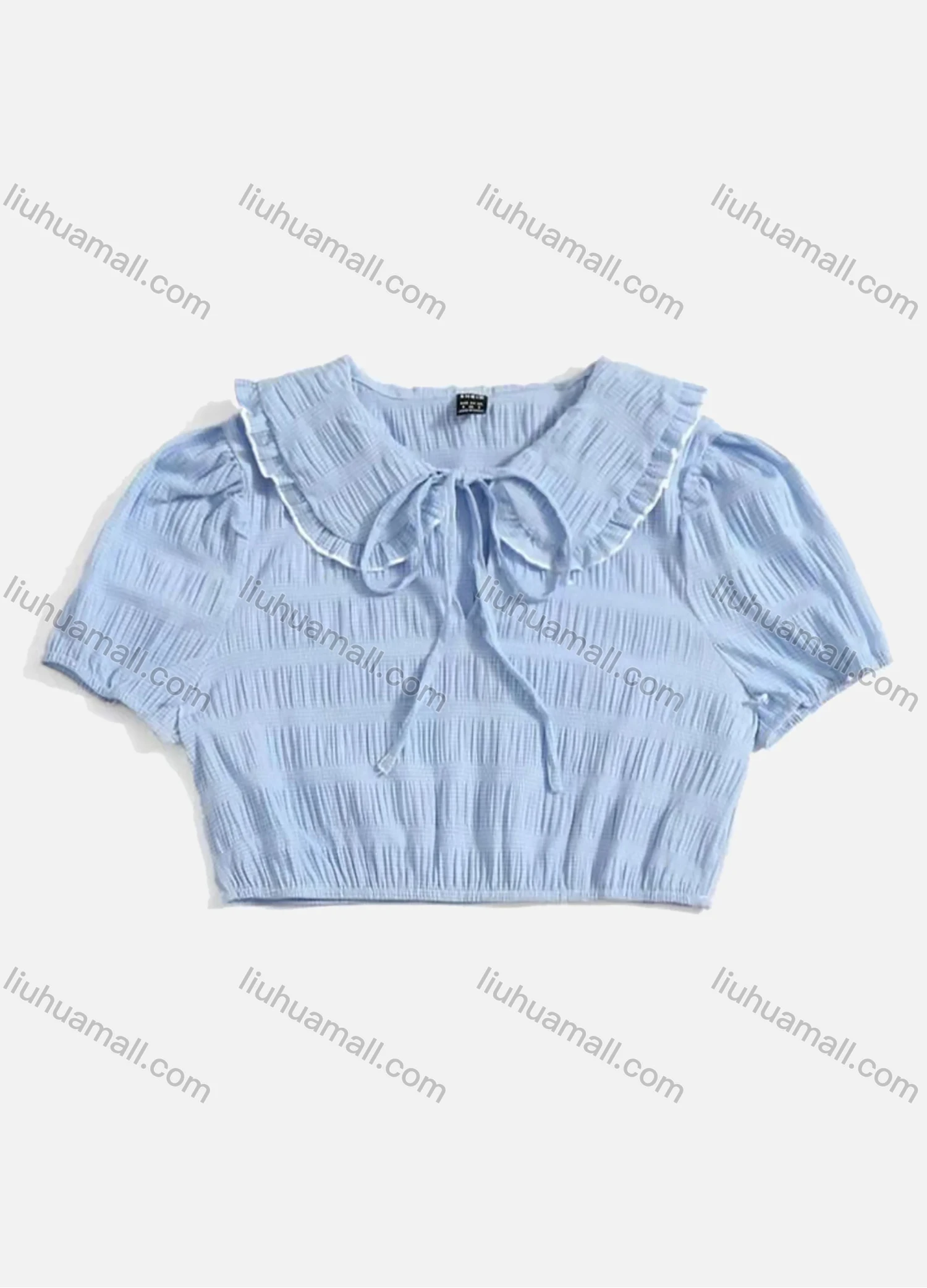 Wholesale Women's Peter Pan Collar Ruffle Trim Puff Sleeve Bow Knot Shirred Plain Crop Blouse AY138# - Liuhuamall