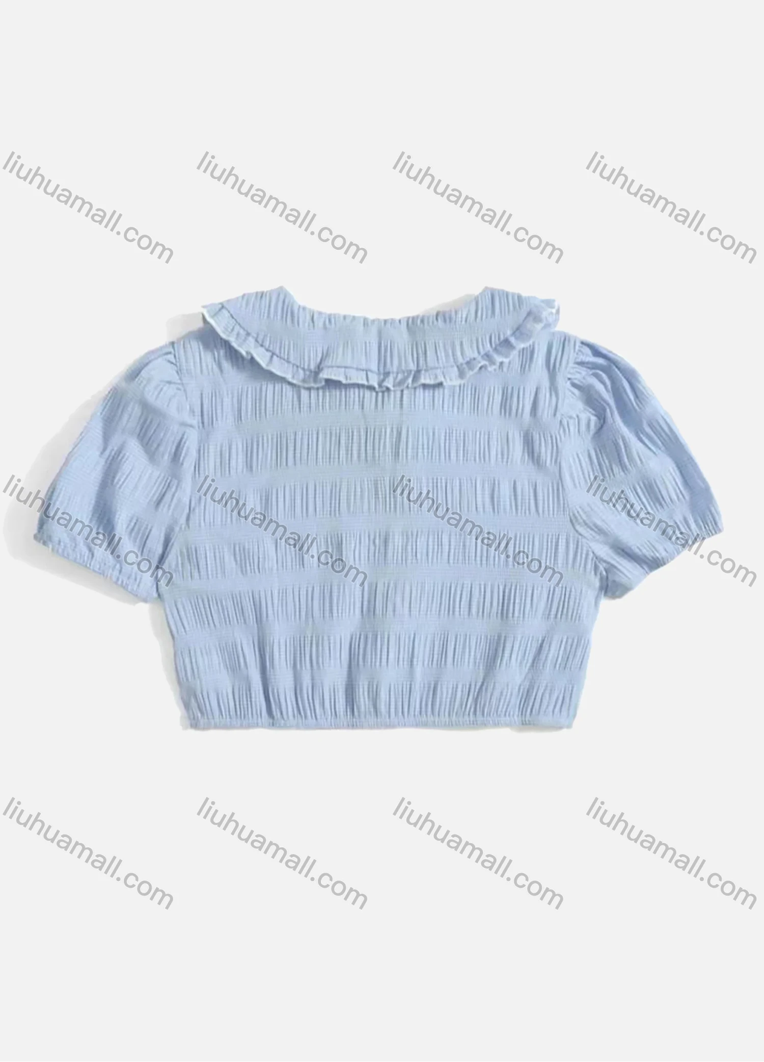 Wholesale Women's Peter Pan Collar Ruffle Trim Puff Sleeve Bow Knot Shirred Plain Crop Blouse AY138# - Liuhuamall
