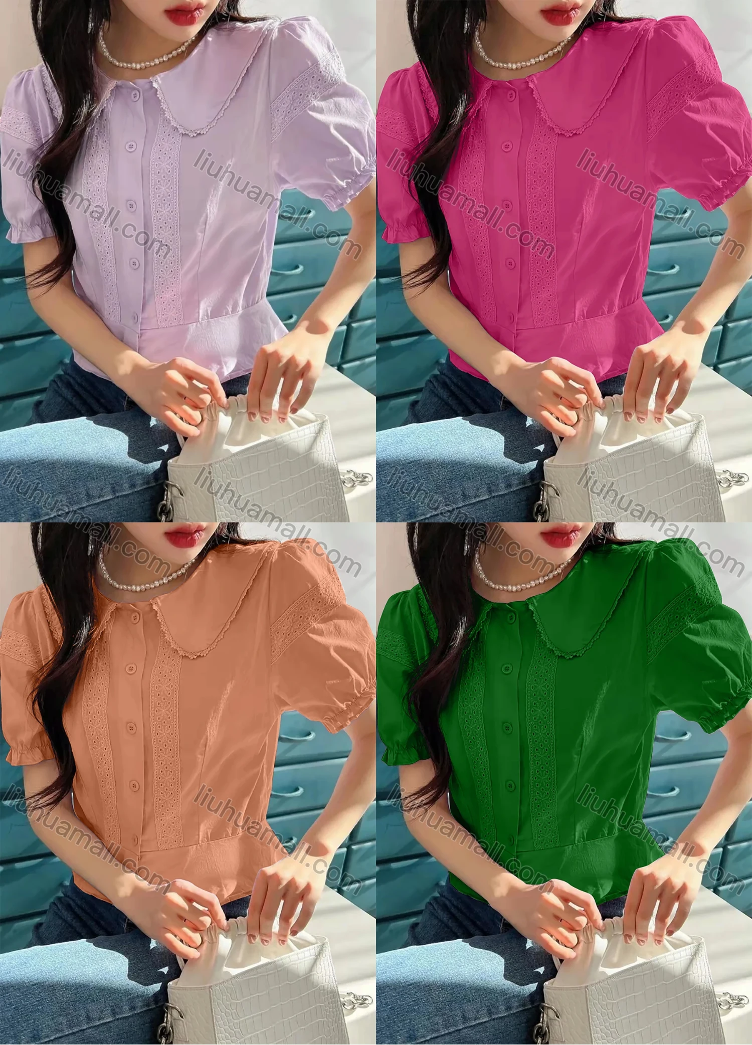 Wholesale Women's Peter Pan Collar Puff Sleeve Ruffle Trim Buttons Eyelet Embroidery Plain Blouse AY139# - Liuhuamall