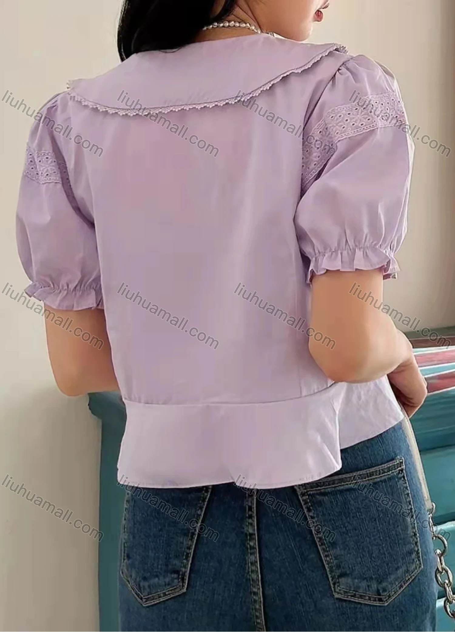Wholesale Women's Peter Pan Collar Puff Sleeve Ruffle Trim Buttons Eyelet Embroidery Plain Blouse AY139# - Liuhuamall