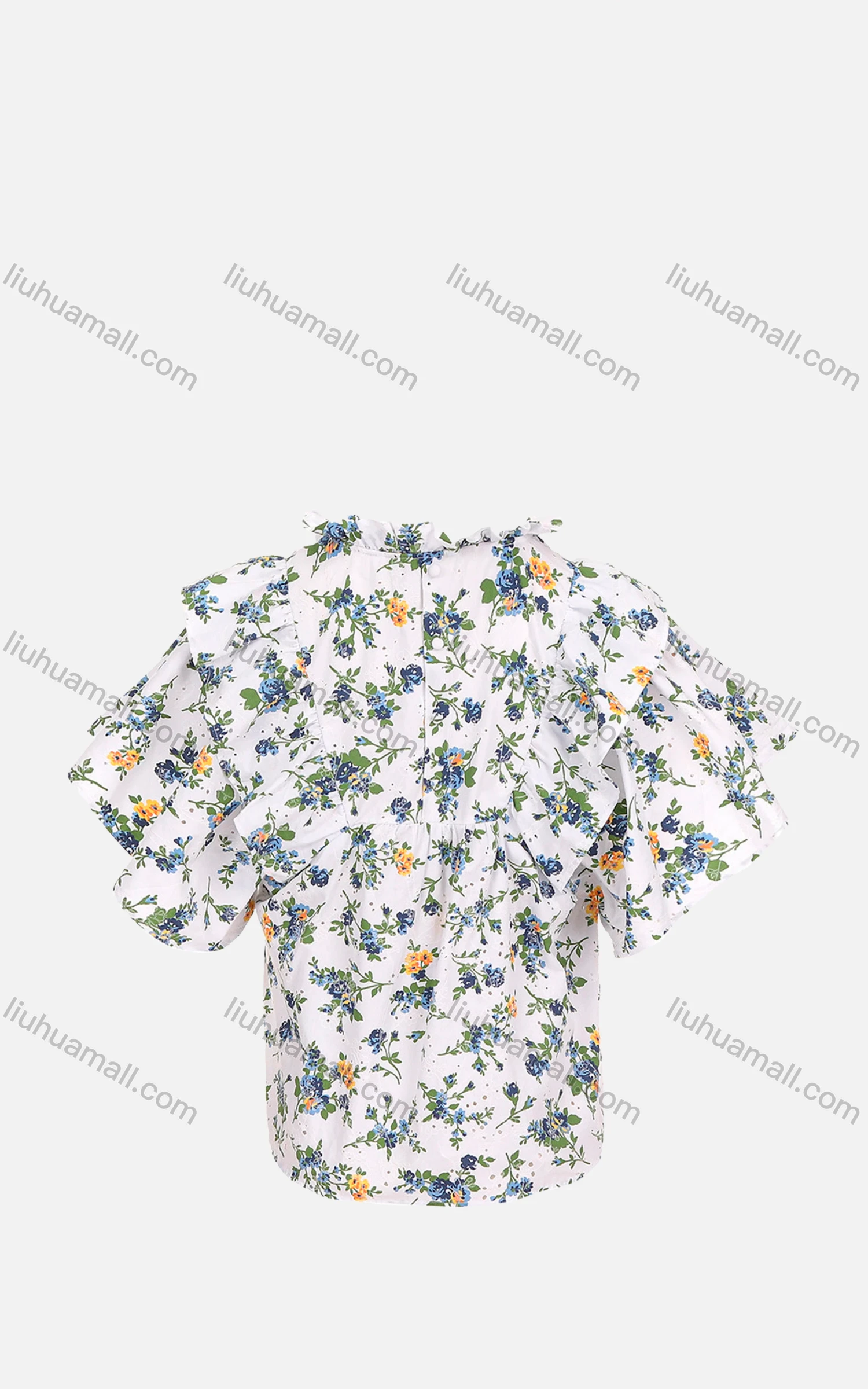Wholesale Women's Casual V Neck Ruffle Trim Bat Sleeve Floral Print Blouse - Liuhuamall