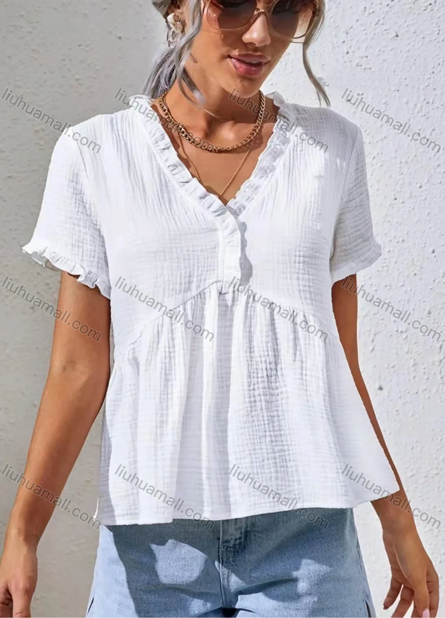 Wholesale Women's V Neck Short Sleeve Ruffle Trim Plain Casual Blouse AY141# - Liuhuamall