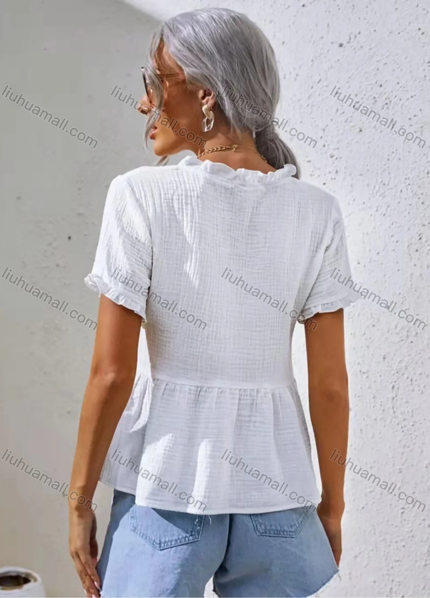 Wholesale Women's V Neck Short Sleeve Ruffle Trim Plain Casual Blouse AY141# - Liuhuamall