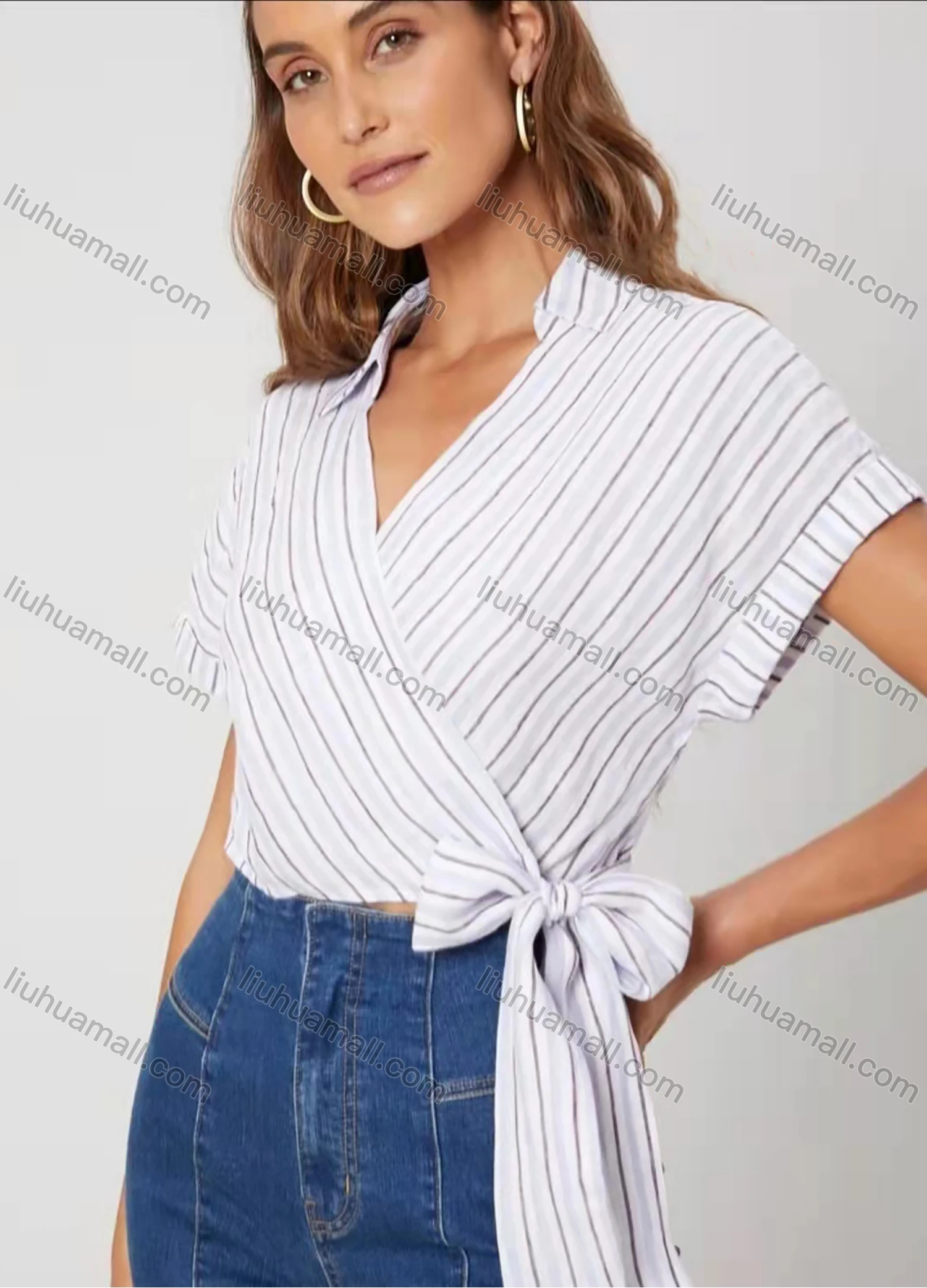 Wholesale Women's Turn-down Collar Batwing Sleeve Striped Wrap Bow Knot Blouse AY142# - Liuhuamall