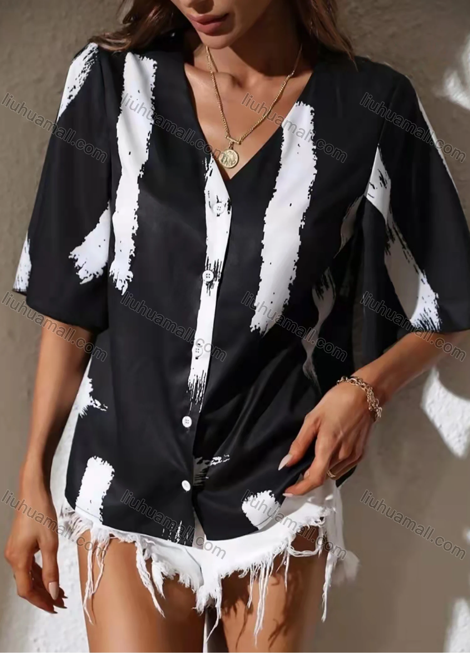 Wholesale Women's V Neck Half Sleeve Button Down Satin Blouse AY144# - Liuhuamall