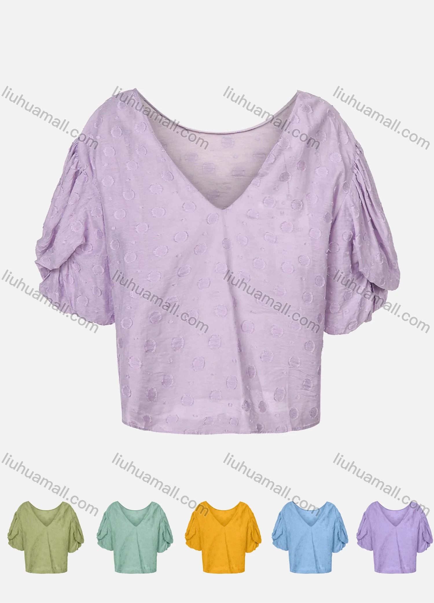Wholesale Women's Casual V Neck Petal Half Sleeve Ruched Embroidery Print Plain Top - Liuhuamall