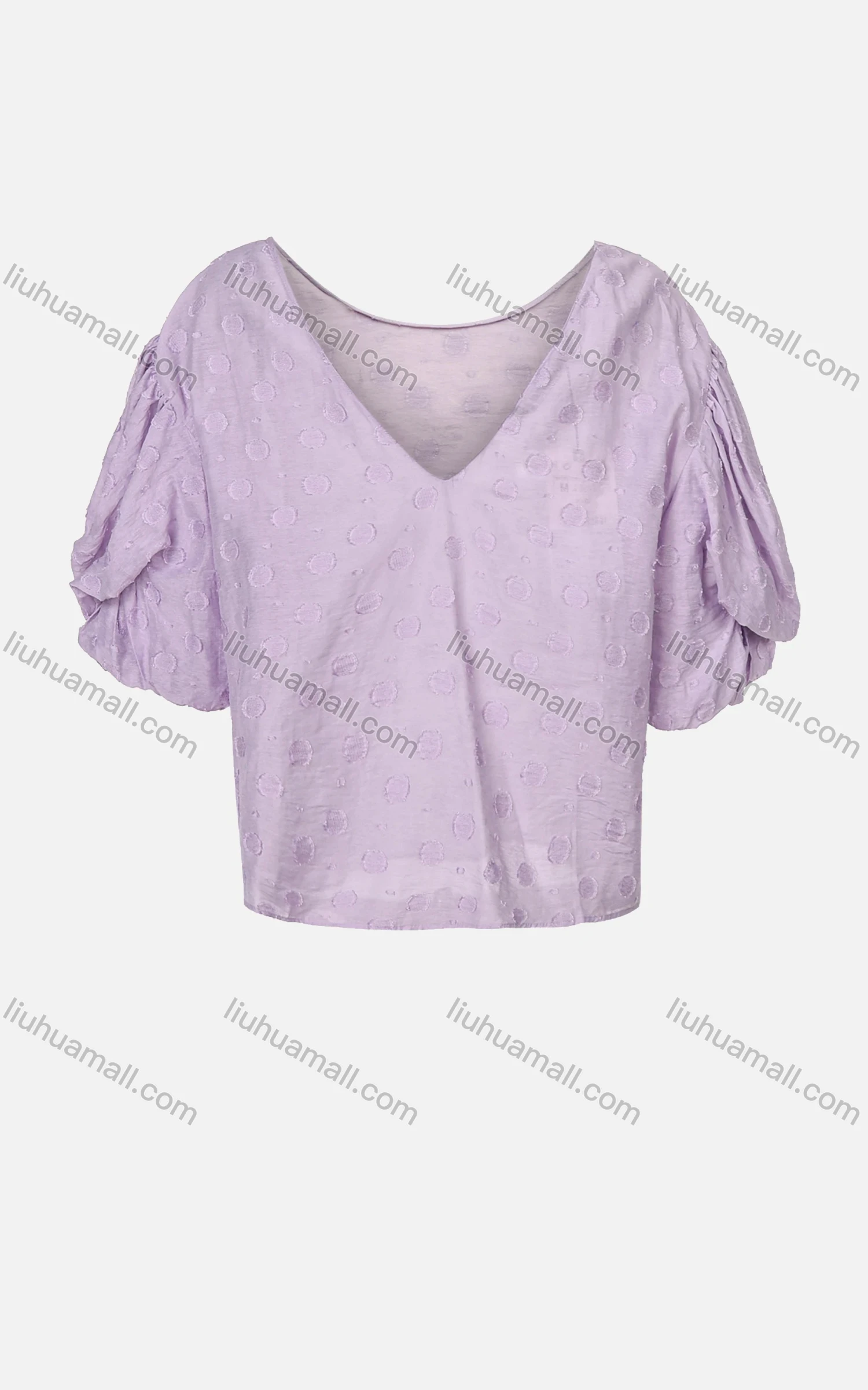 Wholesale Women's Casual V Neck Petal Half Sleeve Ruched Embroidery Print Plain Top - Liuhuamall