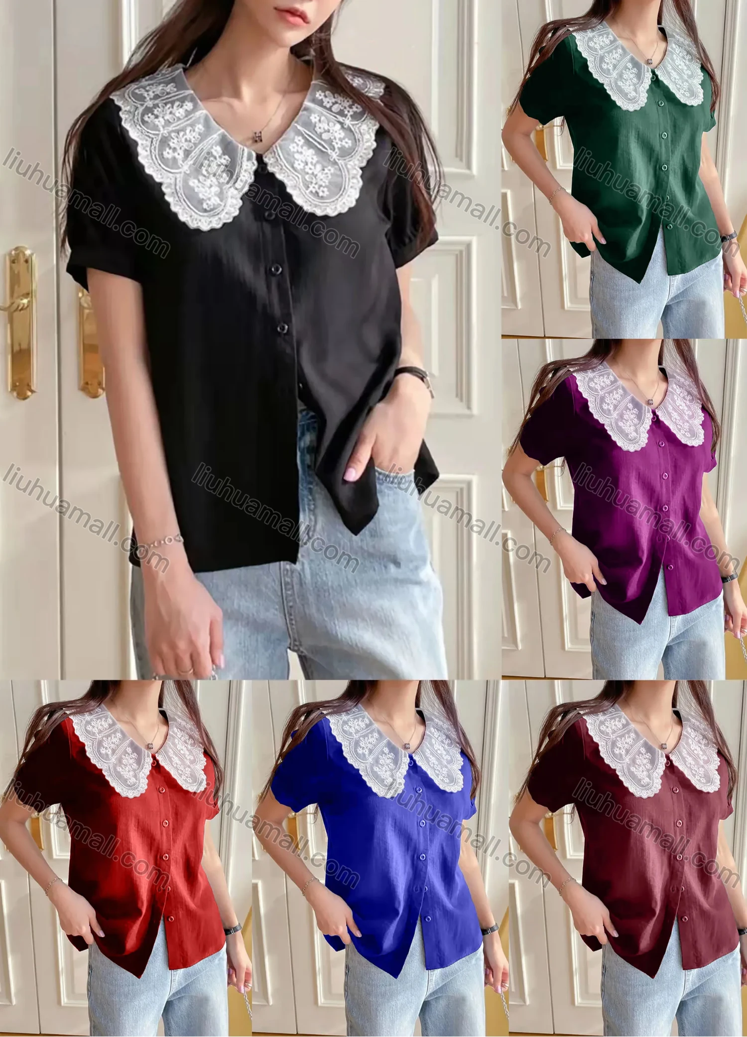 Wholesale Women's Peter Pan Collar Short Sleeve Guipure Lace Button Down Blouse AY146# - Liuhuamall