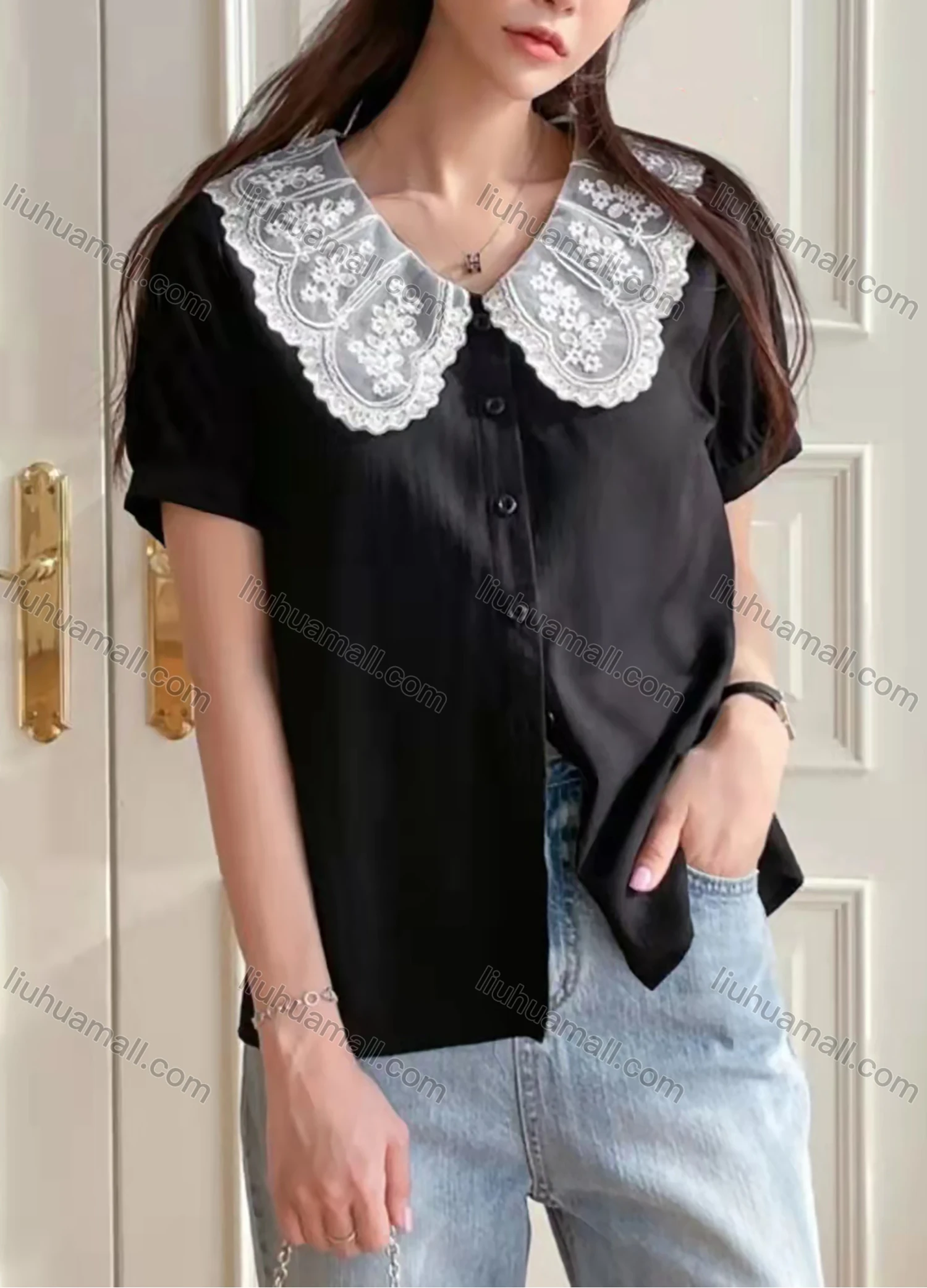 Wholesale Women's Peter Pan Collar Short Sleeve Guipure Lace Button Down Blouse AY146# - Liuhuamall