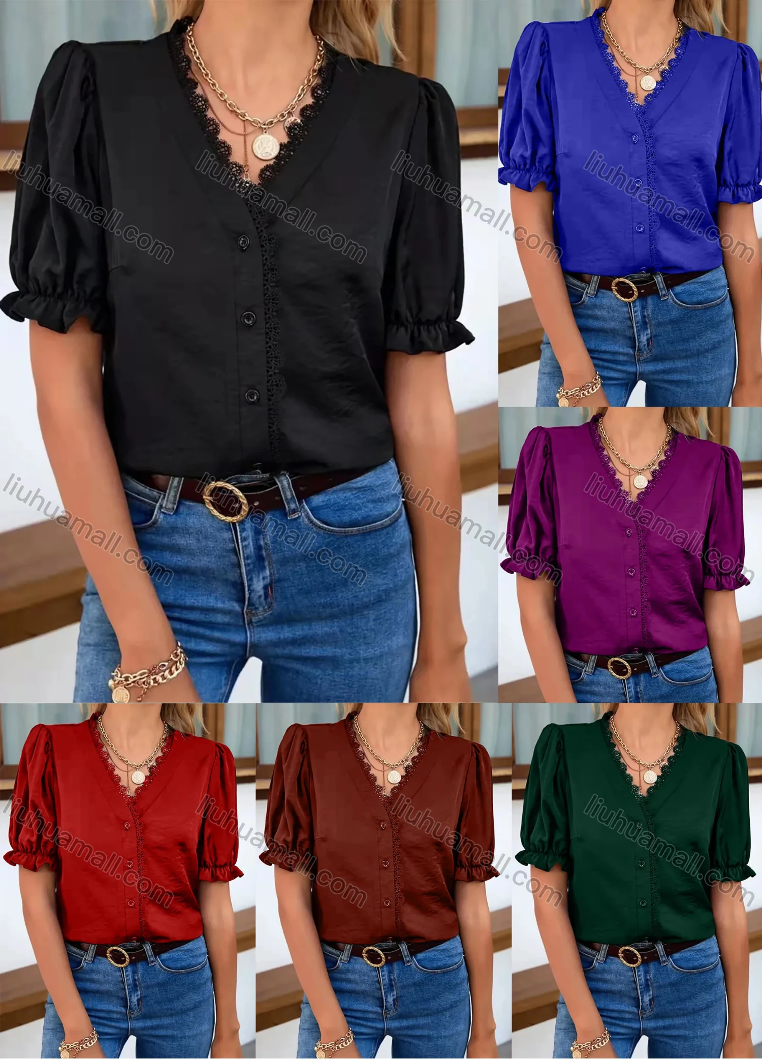 Wholesale Women's V Neck Puff Sleeve Guipure Lace Trim Button Down Plain Blouse AY147# - Liuhuamall