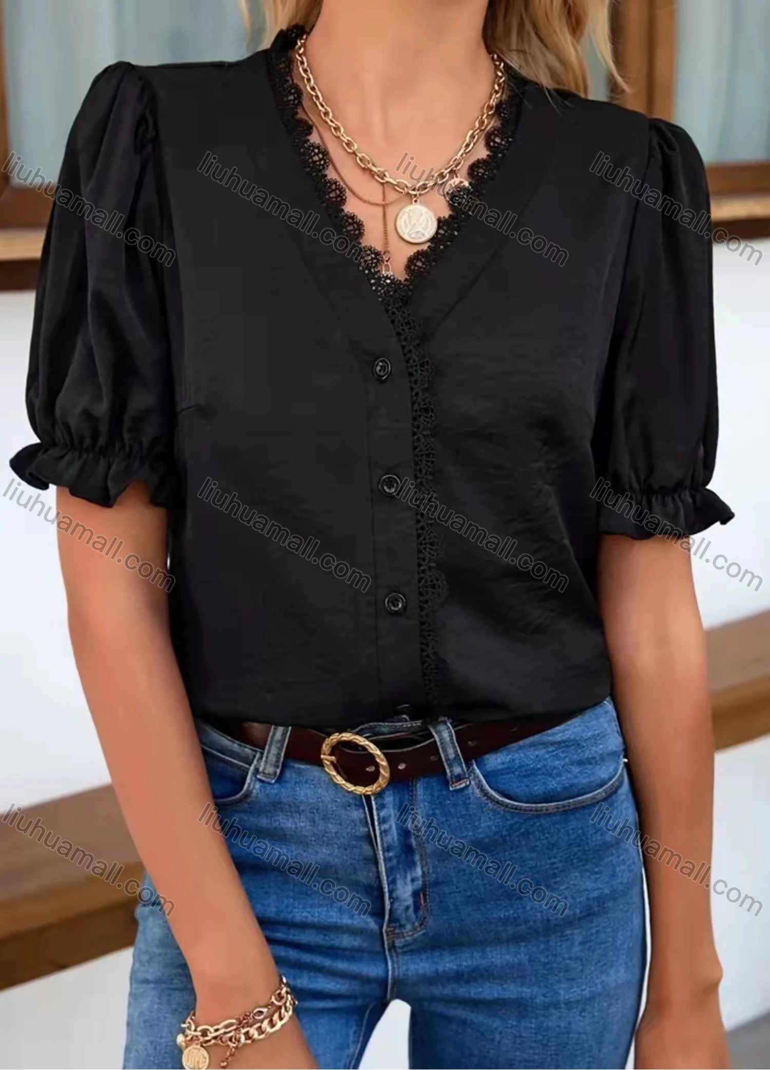 Wholesale Women's V Neck Puff Sleeve Guipure Lace Trim Button Down Plain Blouse AY147# - Liuhuamall