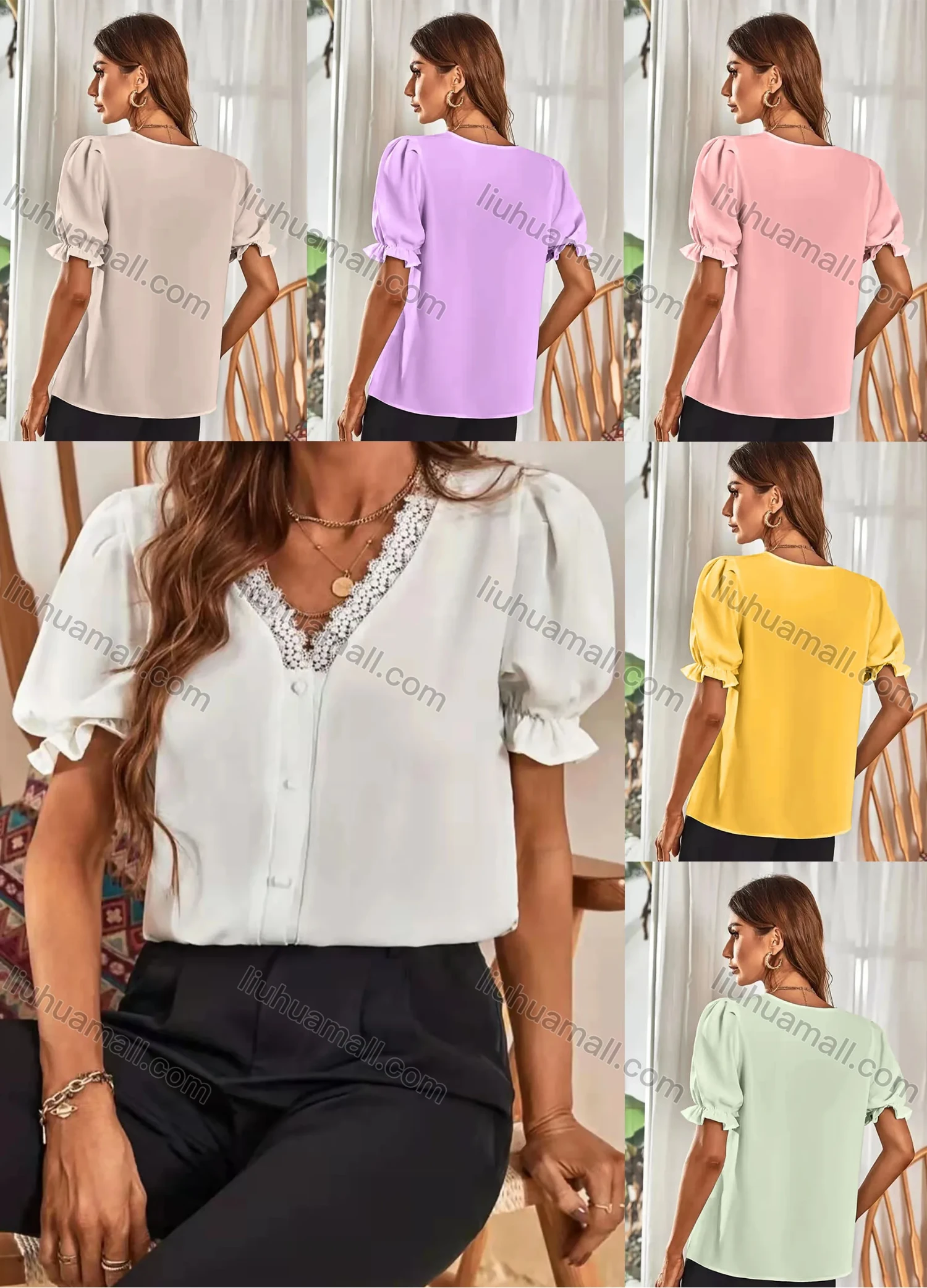 Wholesale Women's V Neck Puff Sleeve Guipure Lace Ruffle Trim Button Down Plain Blouse AY148# - Liuhuamall
