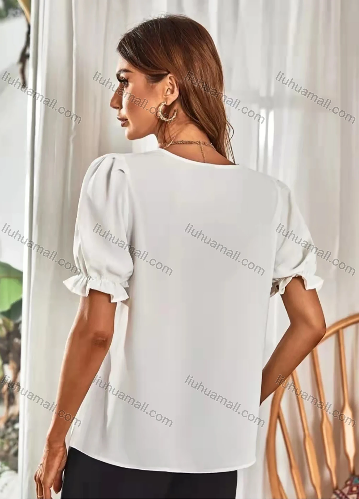 Wholesale Women's V Neck Puff Sleeve Guipure Lace Ruffle Trim Button Down Plain Blouse AY148# - Liuhuamall