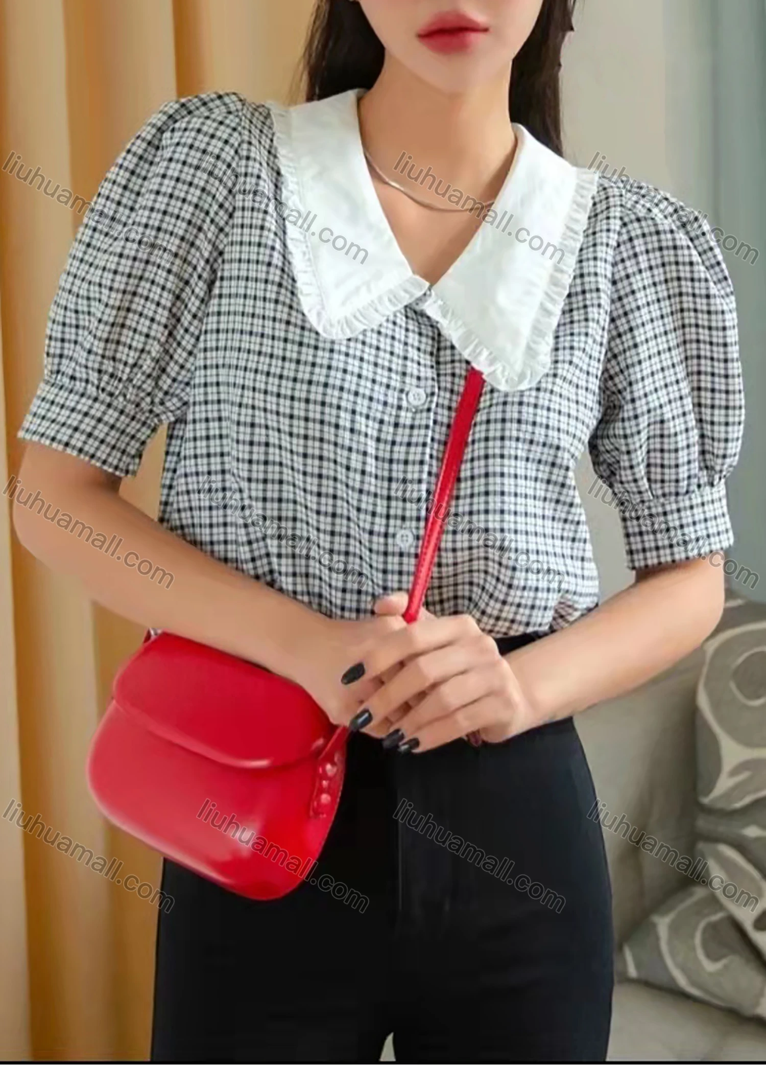 Wholesale Women's Peter Pan Collar Puff Sleeve Plaid Ruffle Trim Buttons Blouse AY149# - Liuhuamall