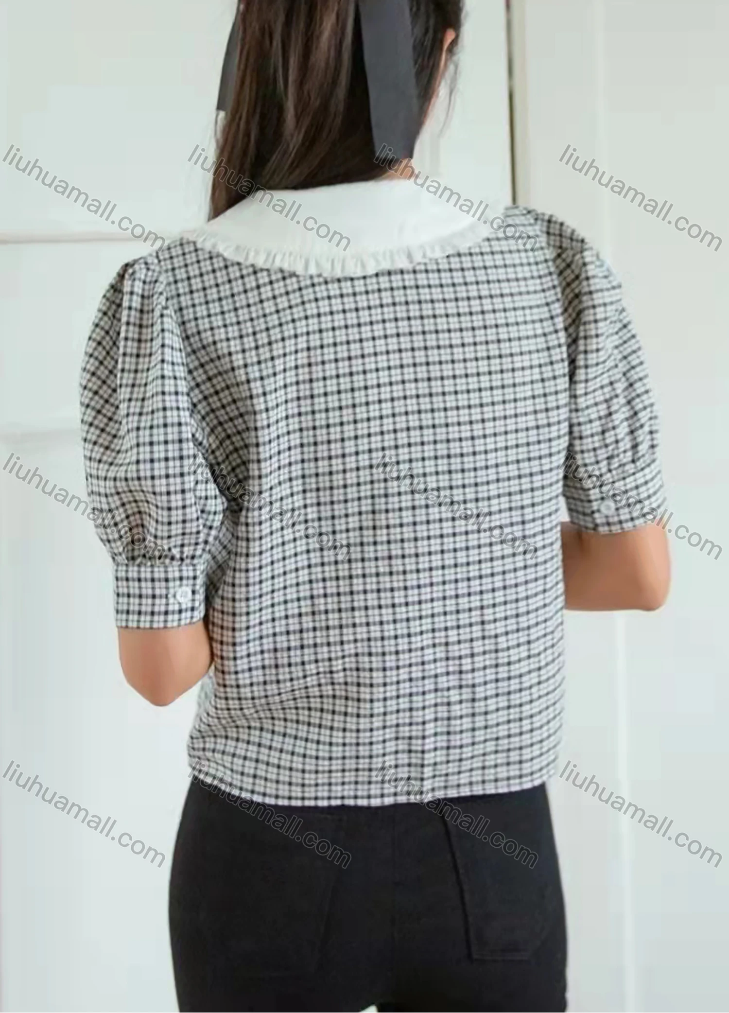 Wholesale Women's Peter Pan Collar Puff Sleeve Plaid Ruffle Trim Buttons Blouse AY149# - Liuhuamall