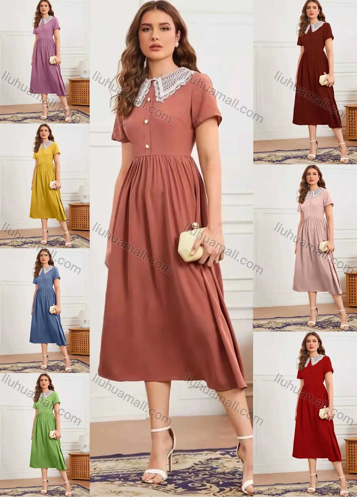 Wholesale Women's Peter Pan Collar Short Sleeve Guipure Lace Buttons Front Ruffle Hem Midi Dress AY150# - Liuhuamall