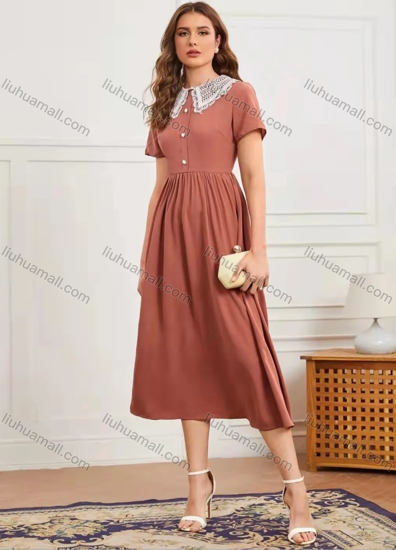Wholesale Women's Peter Pan Collar Short Sleeve Guipure Lace Buttons Front Ruffle Hem Midi Dress AY150# - Liuhuamall