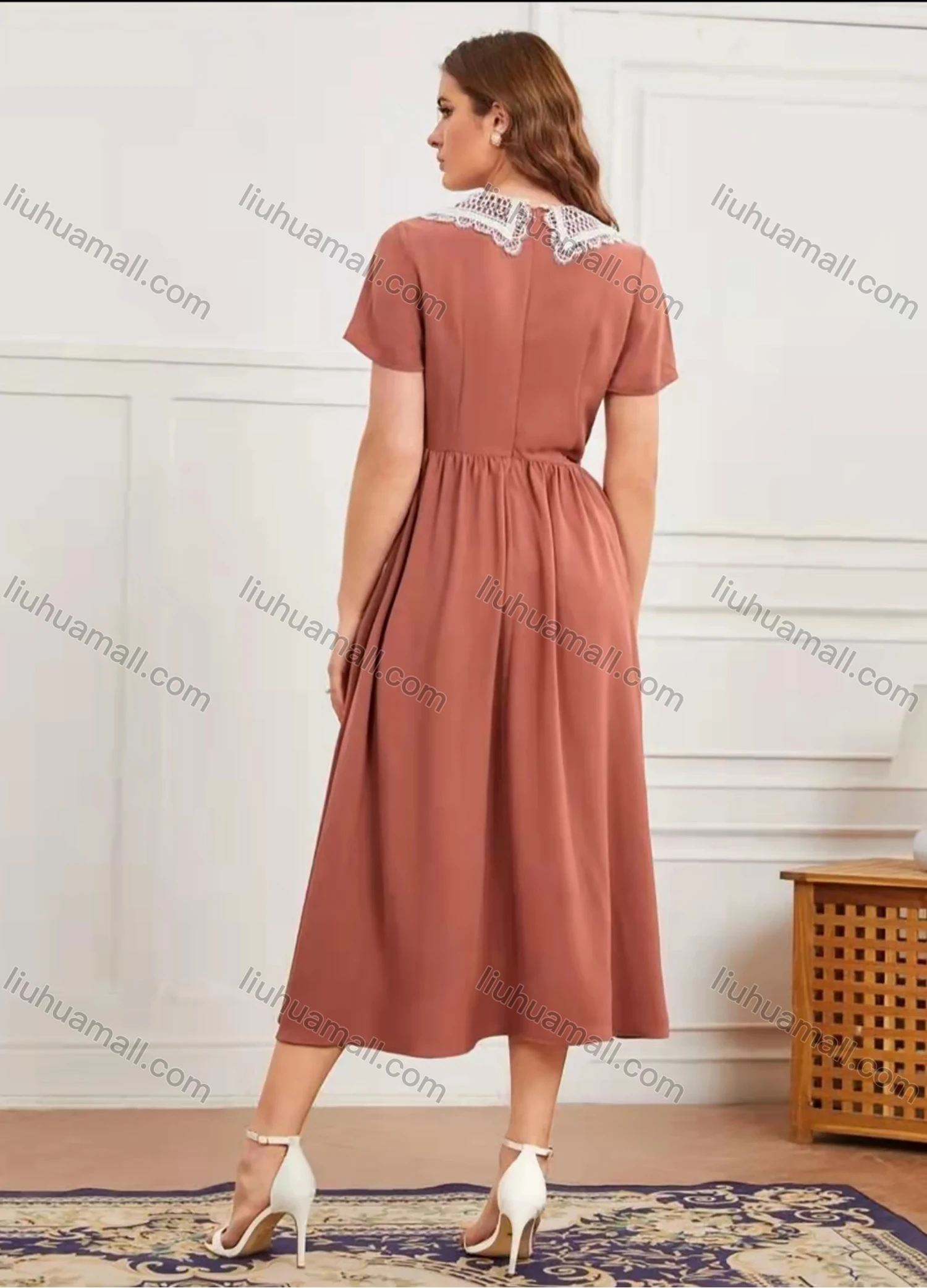 Wholesale Women's Peter Pan Collar Short Sleeve Guipure Lace Buttons Front Ruffle Hem Midi Dress AY150# - Liuhuamall