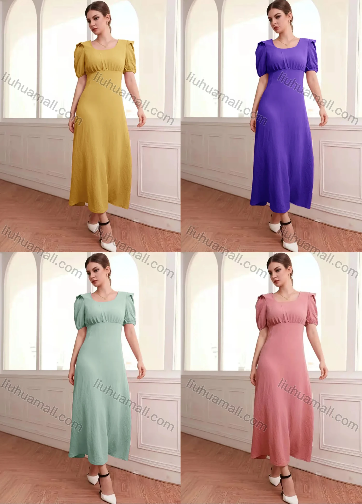 Wholesale Women's Scoop Neck Puff Sleeve Slim Waist Plain Maxi Dress AY151# - Liuhuamall
