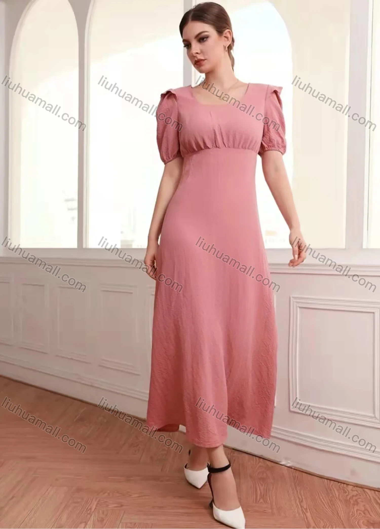 Wholesale Women's Scoop Neck Puff Sleeve Slim Waist Plain Maxi Dress AY151# - Liuhuamall