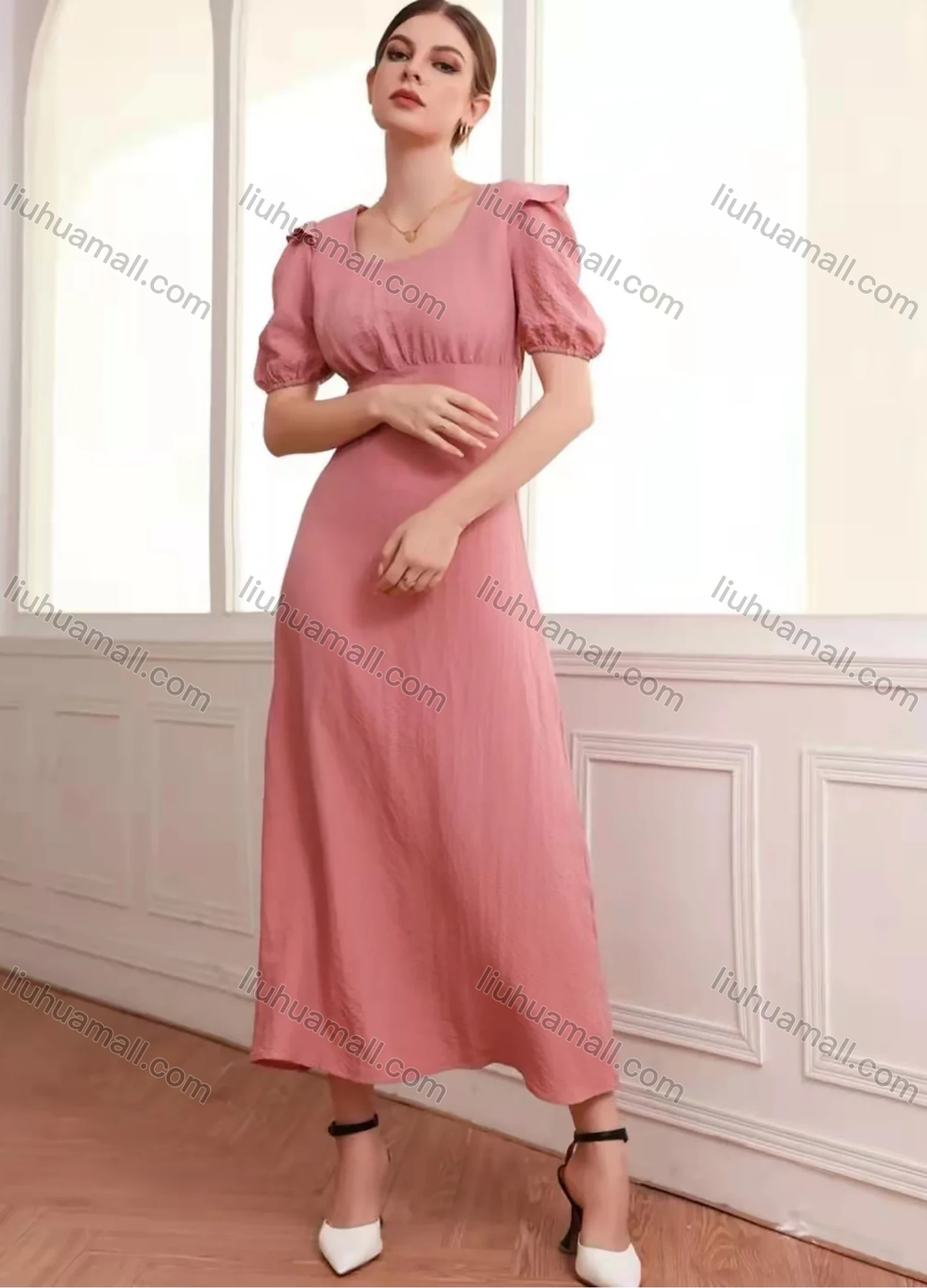 Wholesale Women's Scoop Neck Puff Sleeve Slim Waist Plain Maxi Dress AY151# - Liuhuamall