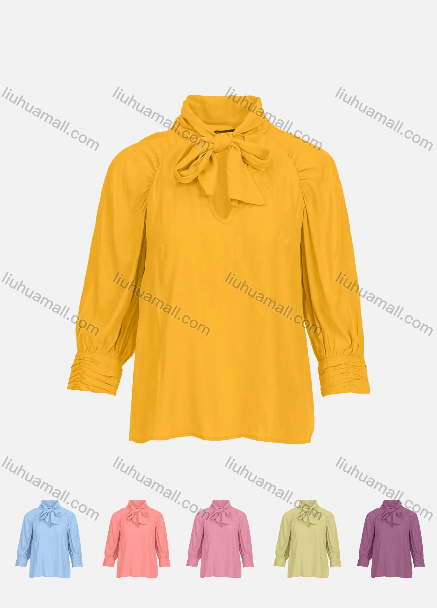 Wholesale Women's Casual Lantern Sleeve Tie Neck Ruched Cutout Plain Blouse - Liuhuamall