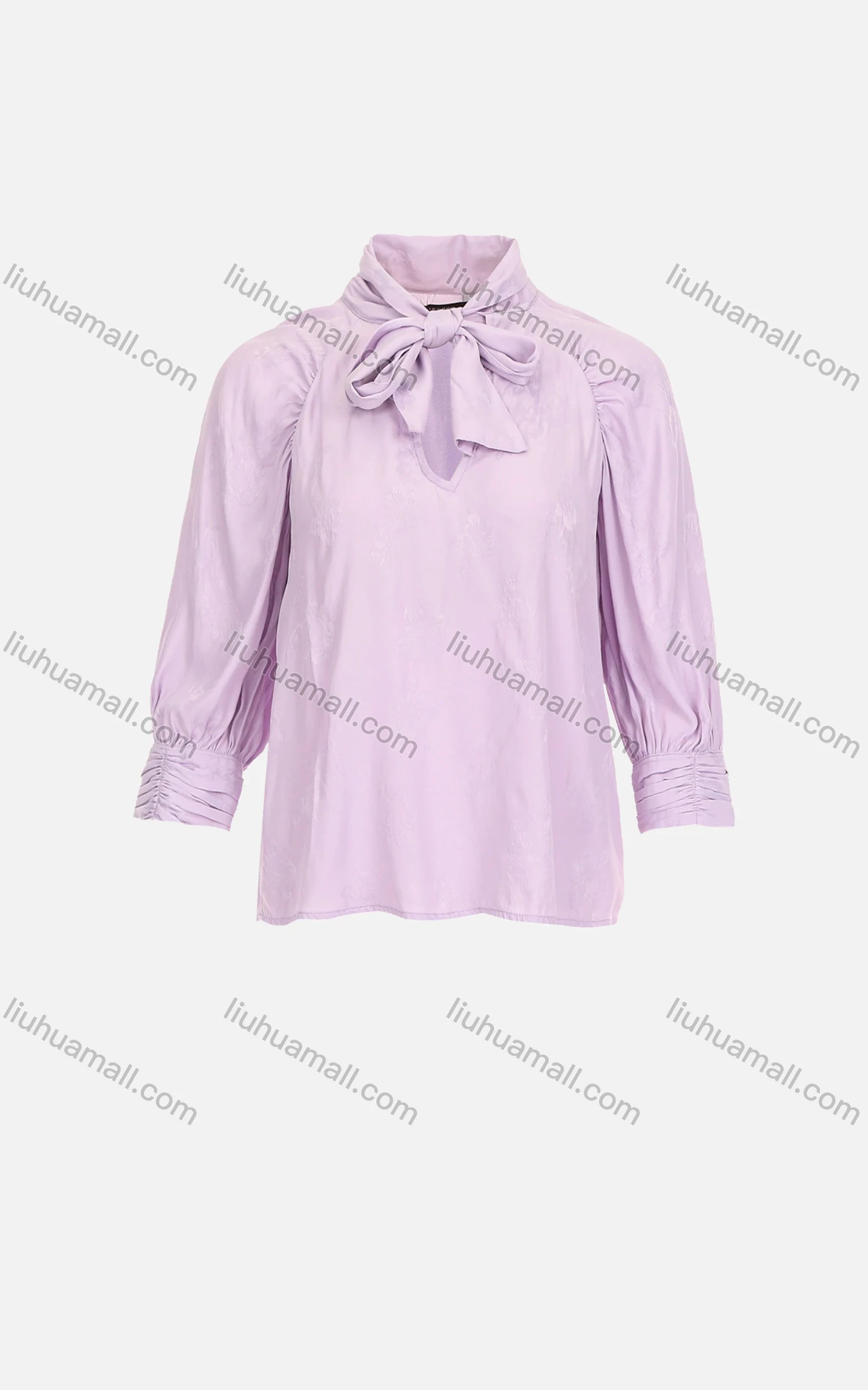 Wholesale Women's Casual Lantern Sleeve Tie Neck Ruched Cutout Plain Blouse - Liuhuamall