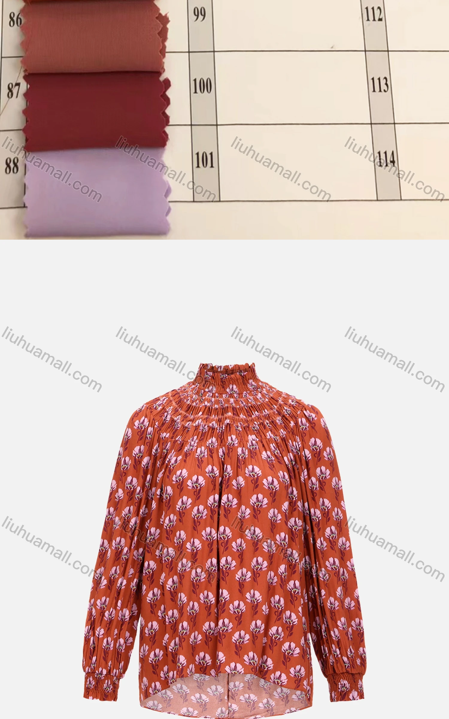 Wholesale Women's Vintage Lantern Sleeve Mock Neck Shirred Floral Print Blouse 527902# - Liuhuamall