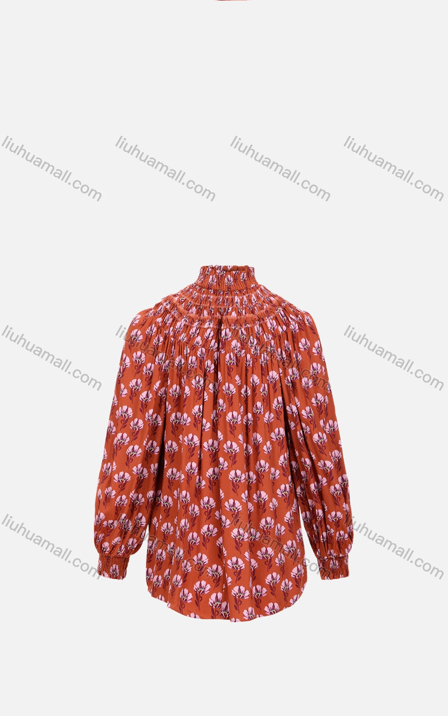 Wholesale Women's Vintage Lantern Sleeve Mock Neck Shirred Floral Print Blouse 527902# - Liuhuamall