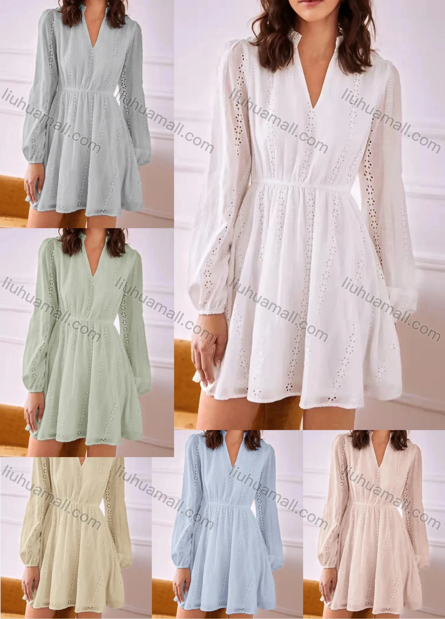 Wholesale Women's Notched Neck Lantern Sleeve Eyelet Lace Ruffle Trim Plain Short Dress AY154# - Liuhuamall