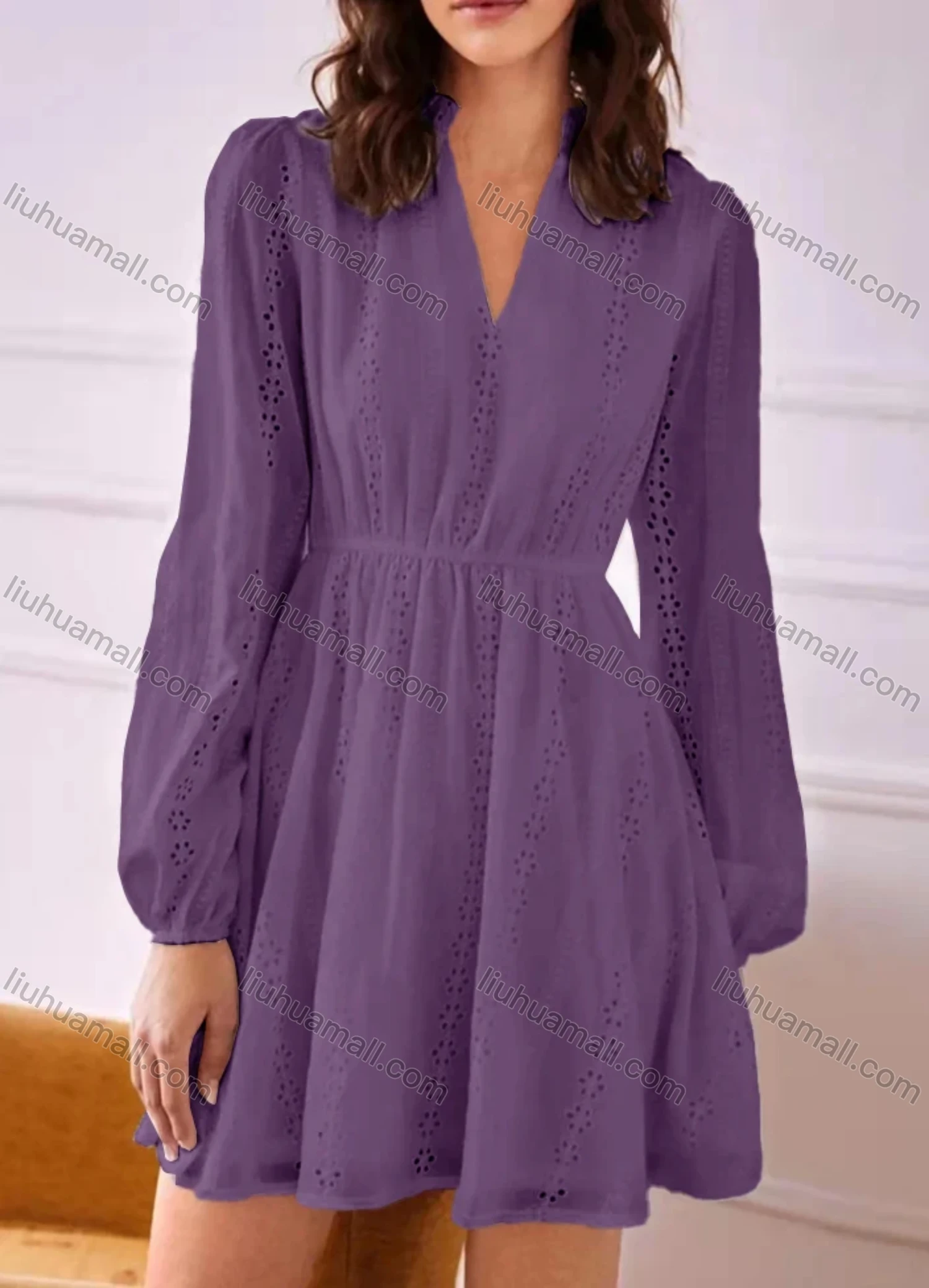 Wholesale Women's Notched Neck Lantern Sleeve Eyelet Lace Ruffle Trim Plain Short Dress AY154# - Liuhuamall