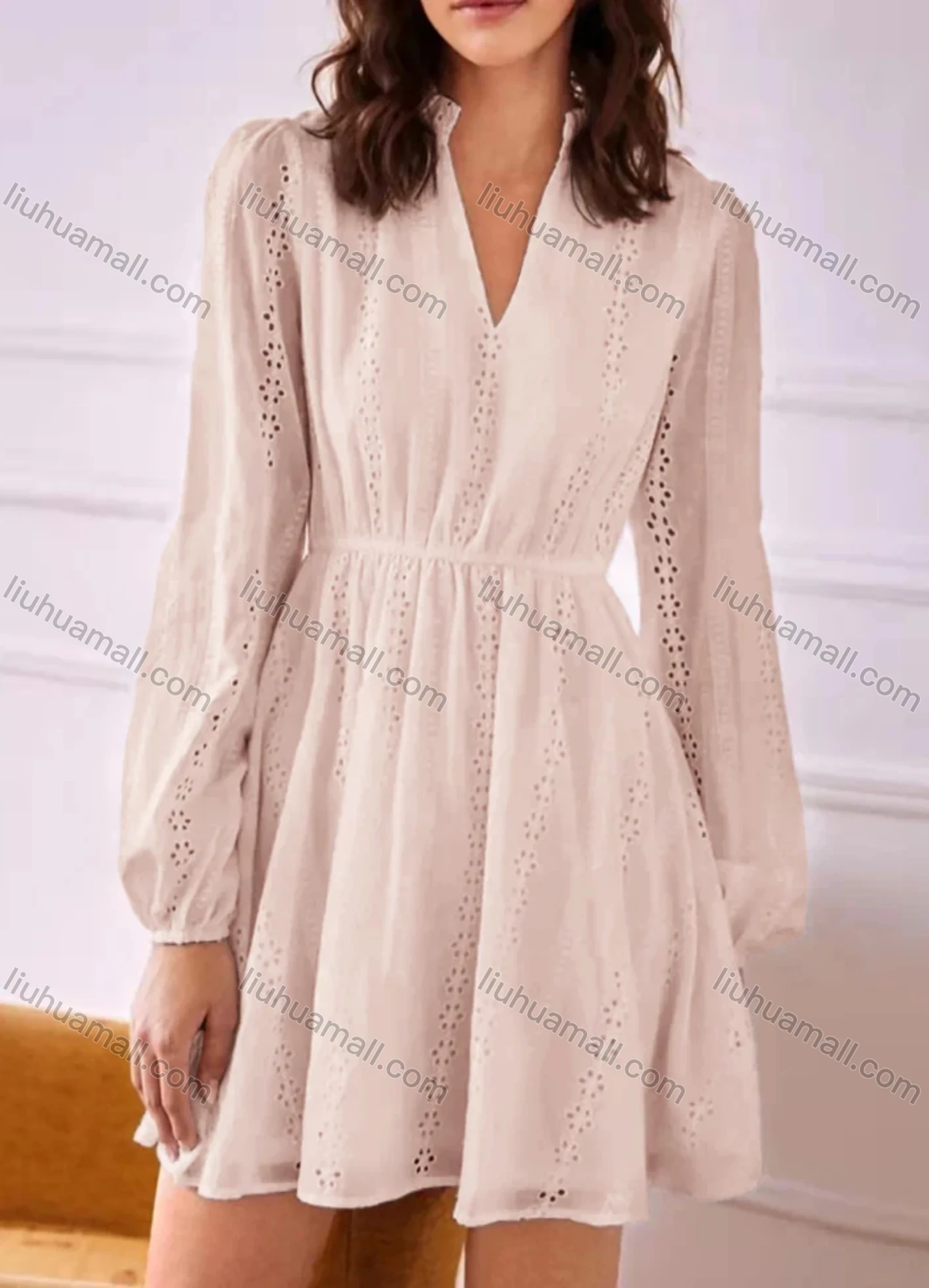 Wholesale Women's Notched Neck Lantern Sleeve Eyelet Lace Ruffle Trim Plain Short Dress AY154# - Liuhuamall