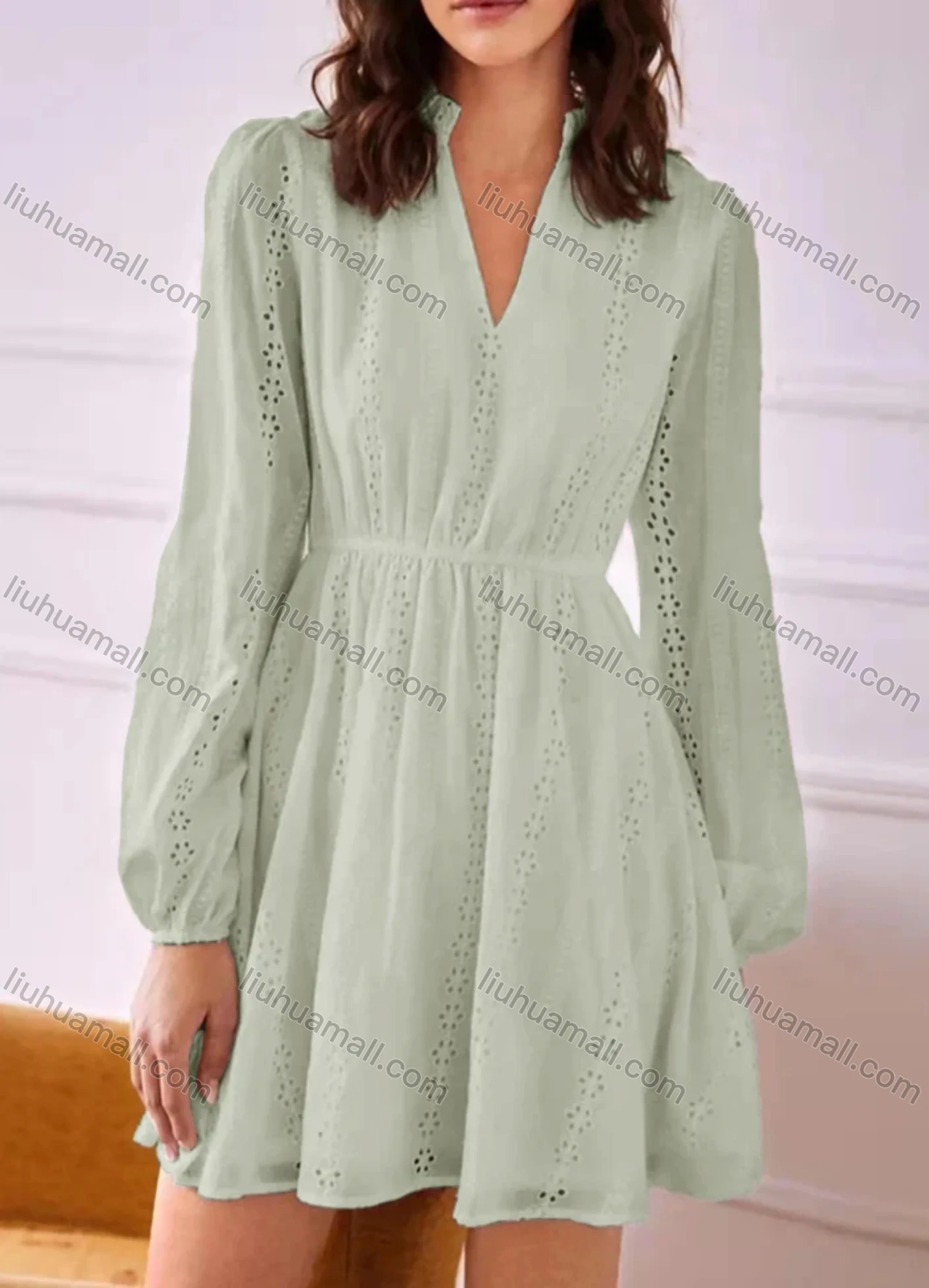 Wholesale Women's Notched Neck Lantern Sleeve Eyelet Lace Ruffle Trim Plain Short Dress AY154# - Liuhuamall