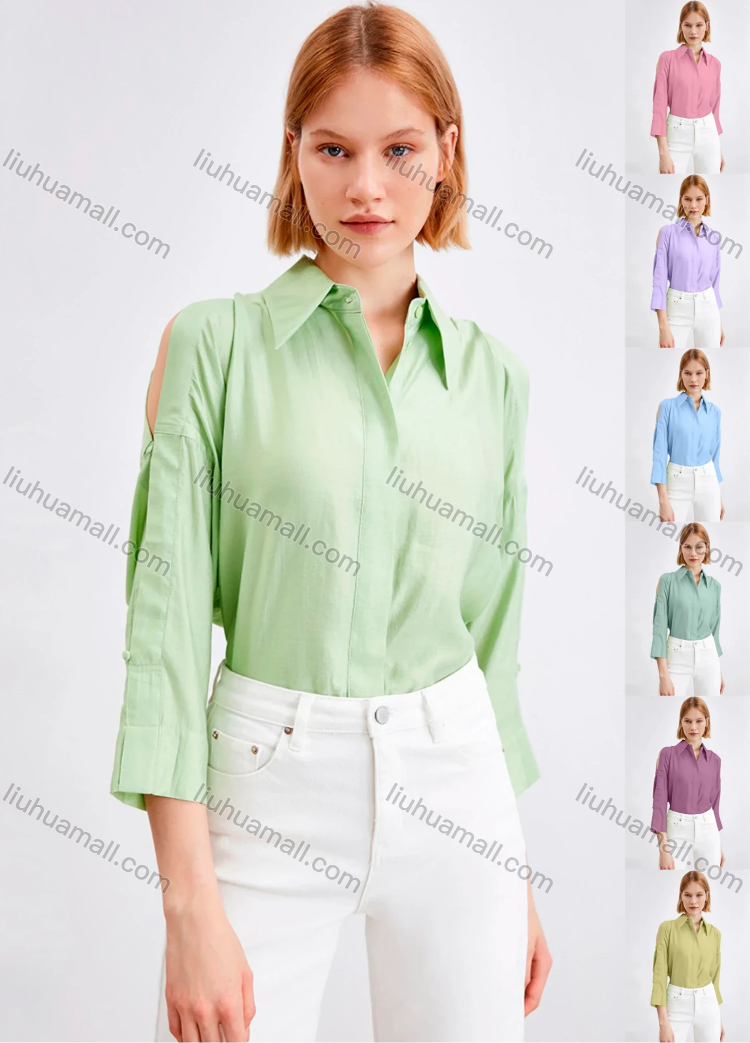 Wholesale Women's Fashion Collared 3/4 Sleeve Cold Shoulder Button Down Plain Blouse - Liuhuamall